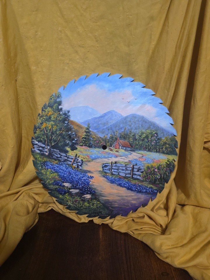 Round FAUX Saw Blade Hand Painted Barn TEXAS Bluebonnets DORIS REIMERS