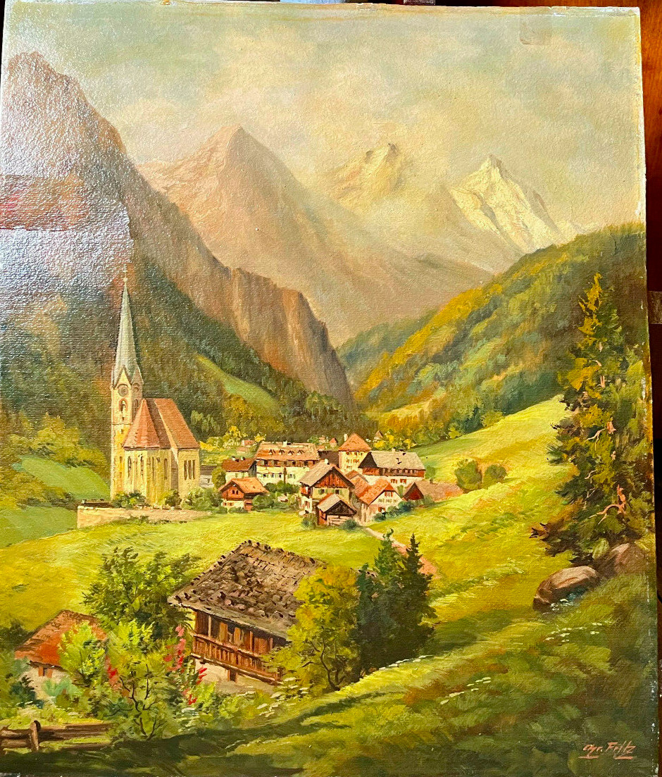 Oil Painting Sign Chr. Fritz Alps IN The Mountains Tal With Church Country Style