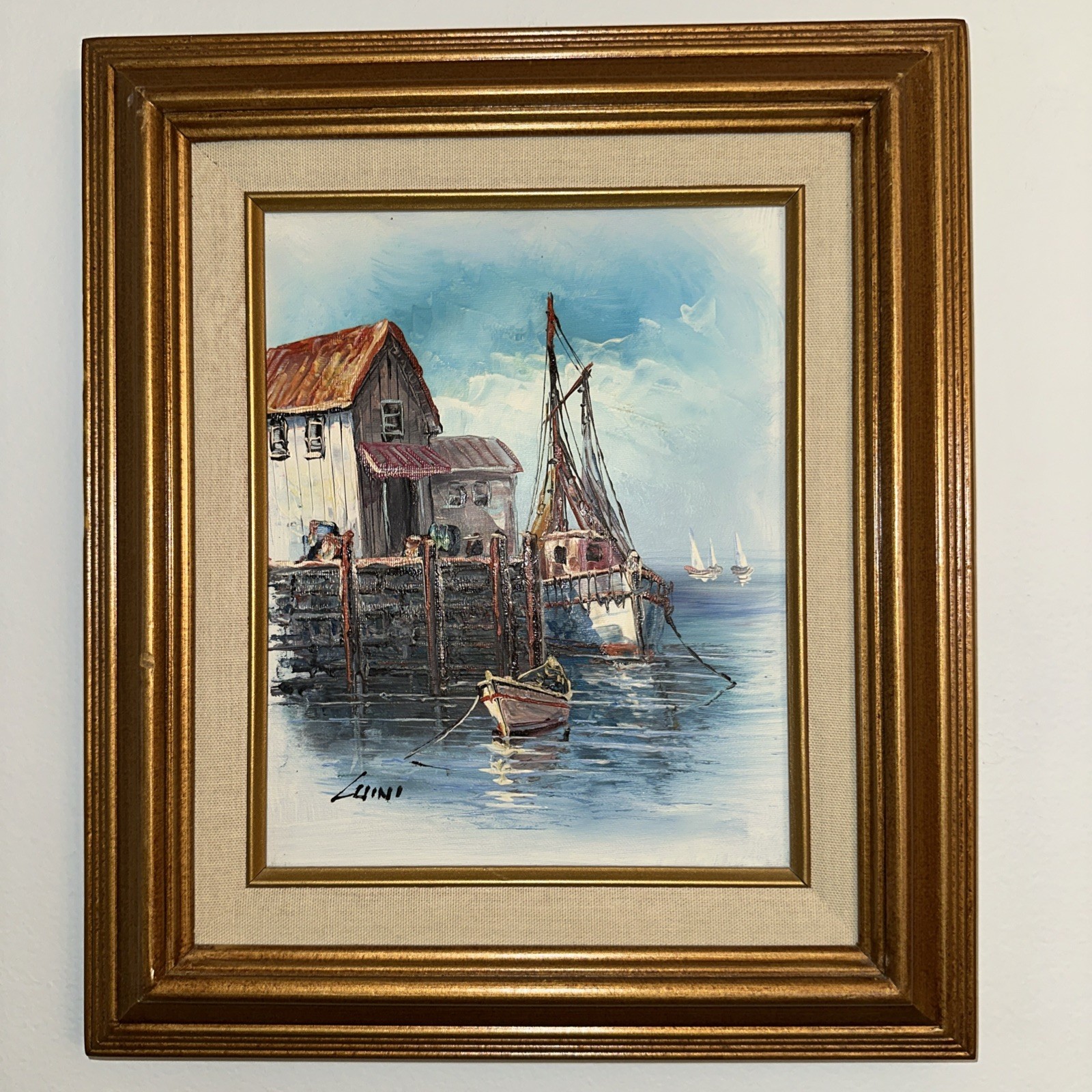 Signed LUINI Painting Fishing Boats Harbor Seascape ART Oil on Canvas Framed
