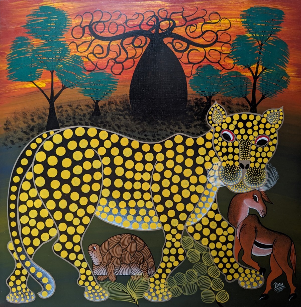 IDDI LEOPARD AT SUNSET Classic Tingatinga painting on board 60cm by 60cm