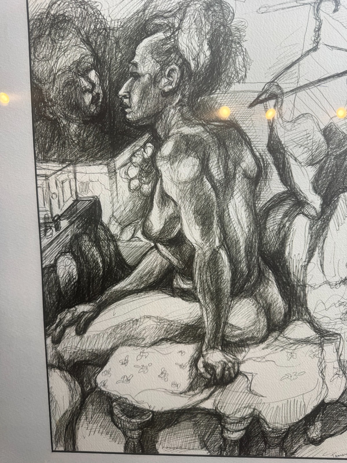 Tamara Signed Modernist Female Nude Bedroom Pen Ink Drawing Framed VG Cond 24×18