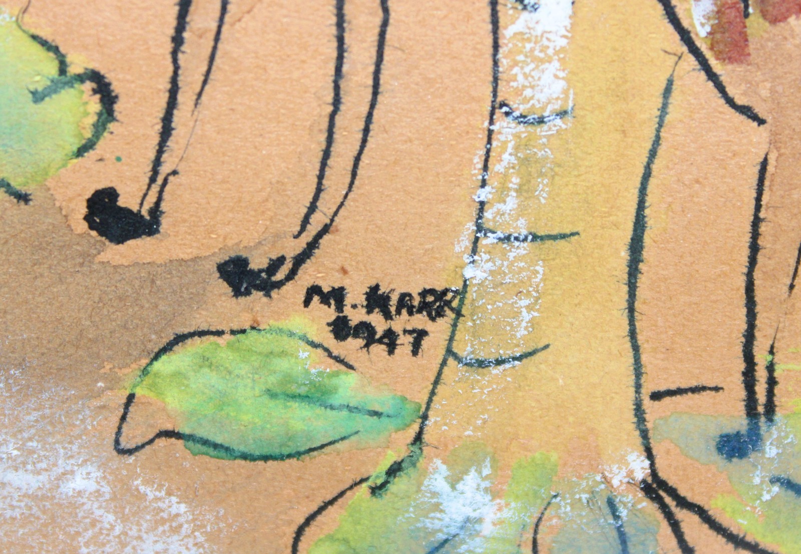 ANTIQUE WATERCOLOR INK ON PAPER DATED 1947 SIGNED M KARR GIRAFFES