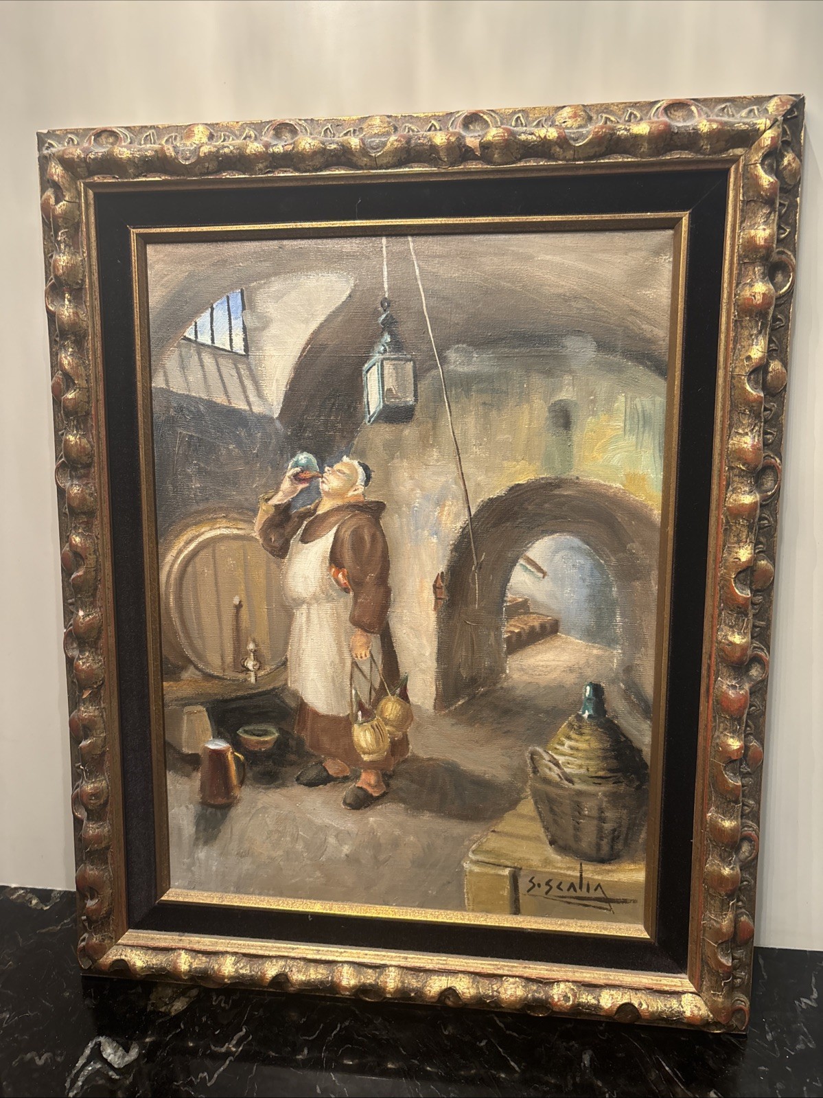 Vintage Original Signed Oil Painting on Canvas Monk in a Wine Cellar 16X20