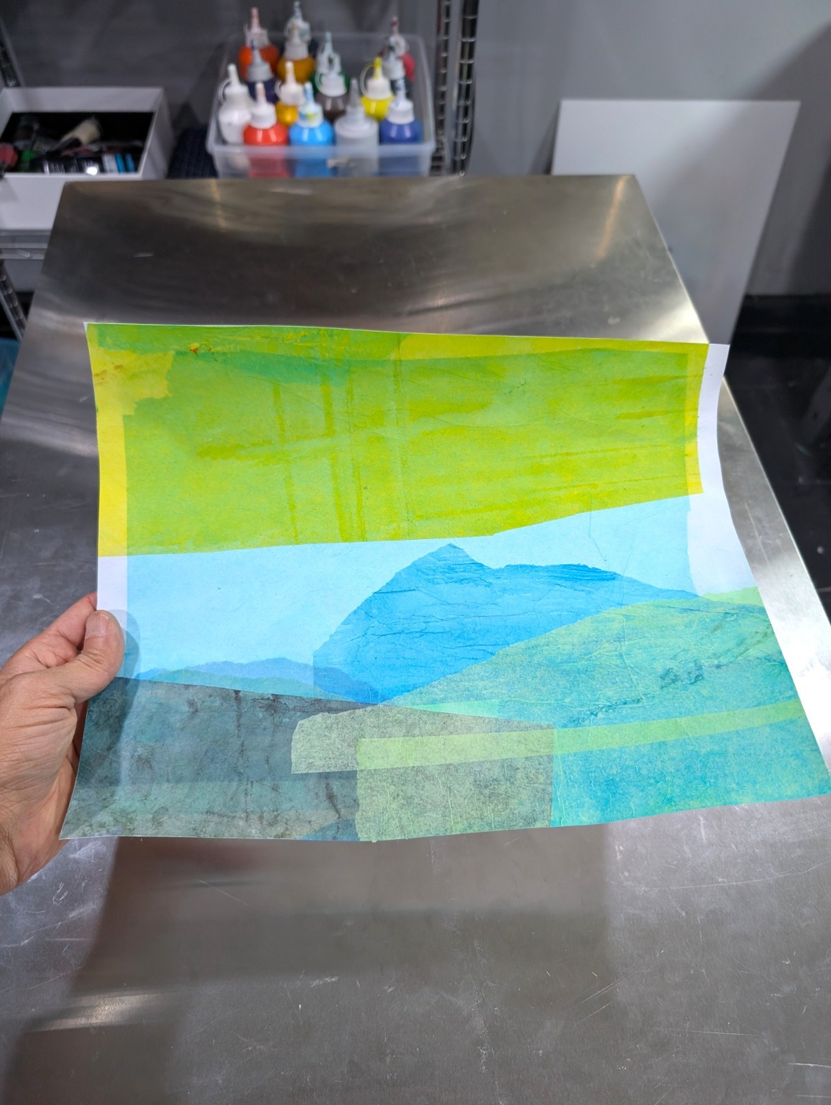 Original Tissue Paper Collage on 11×14 inch Art Paper. ‘Blue Hills’