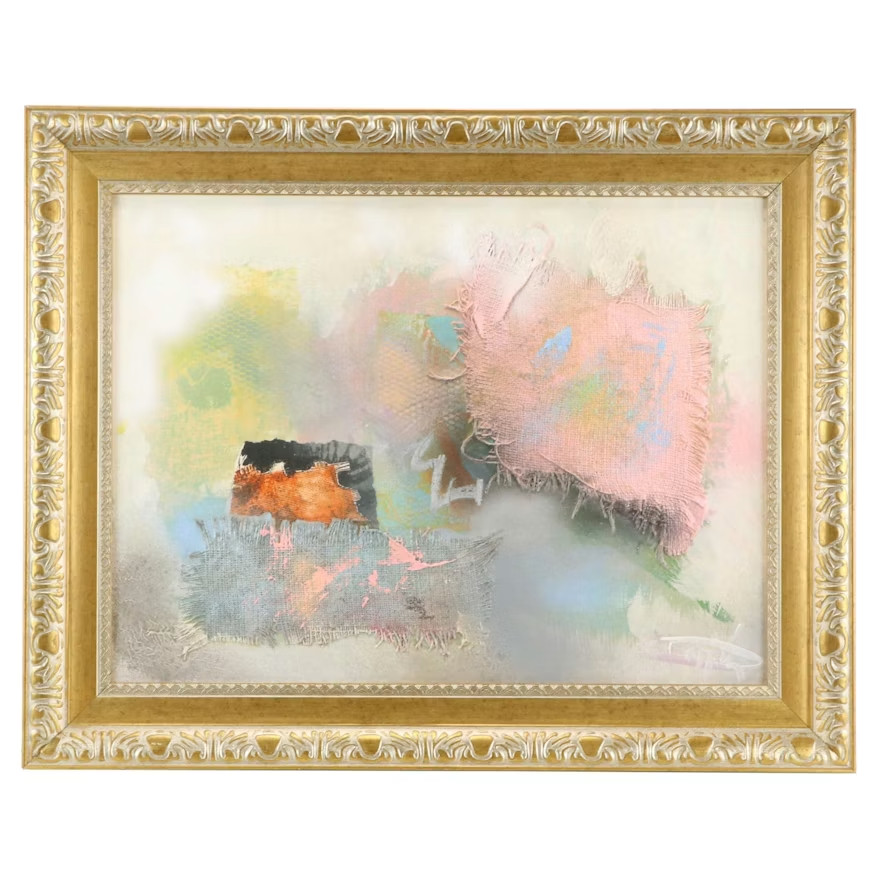 Vintage Abstract Lazlo Dus Mixed Media Painting, signed and framed.. 30″x24″