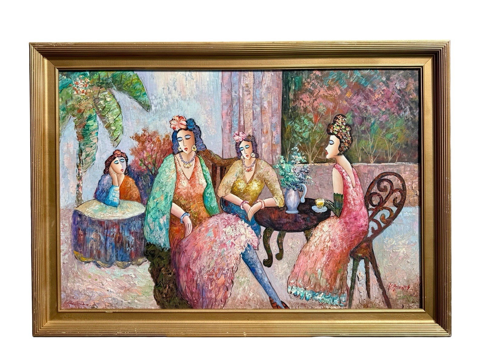 ⭕️ K. BARNES «TEA TIME» OIL PAINTING FRAMED 29×41 FIGURATIVE ART