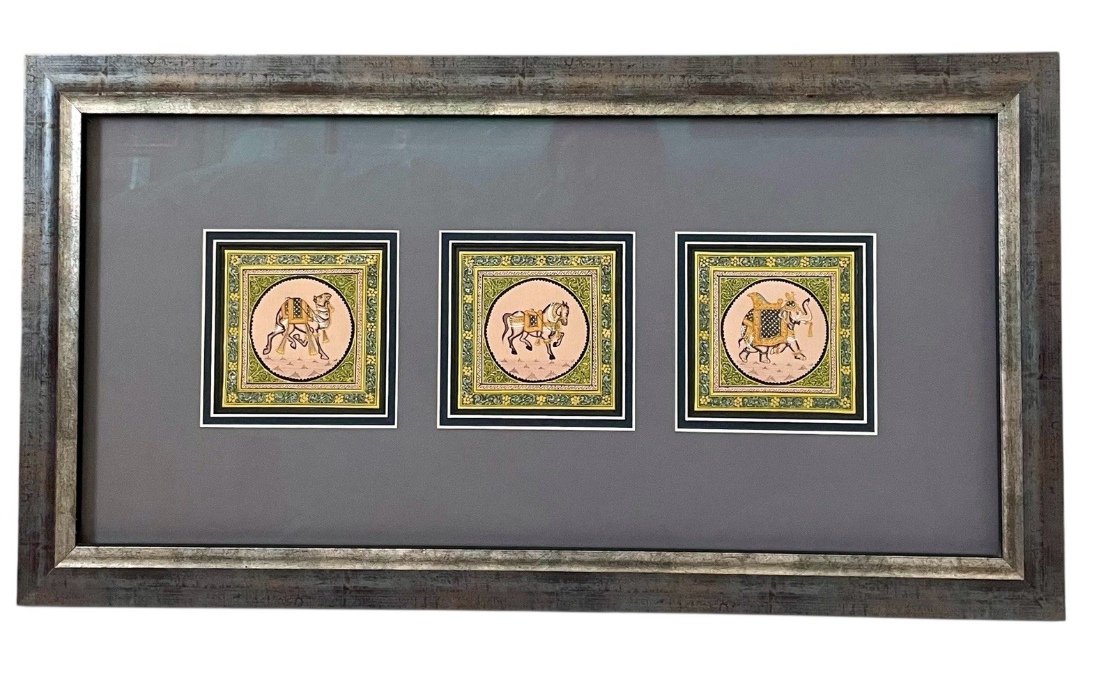 Rajasthani Indian Miniature Silk Paintings On Silk.Triptych Framed. Animals.