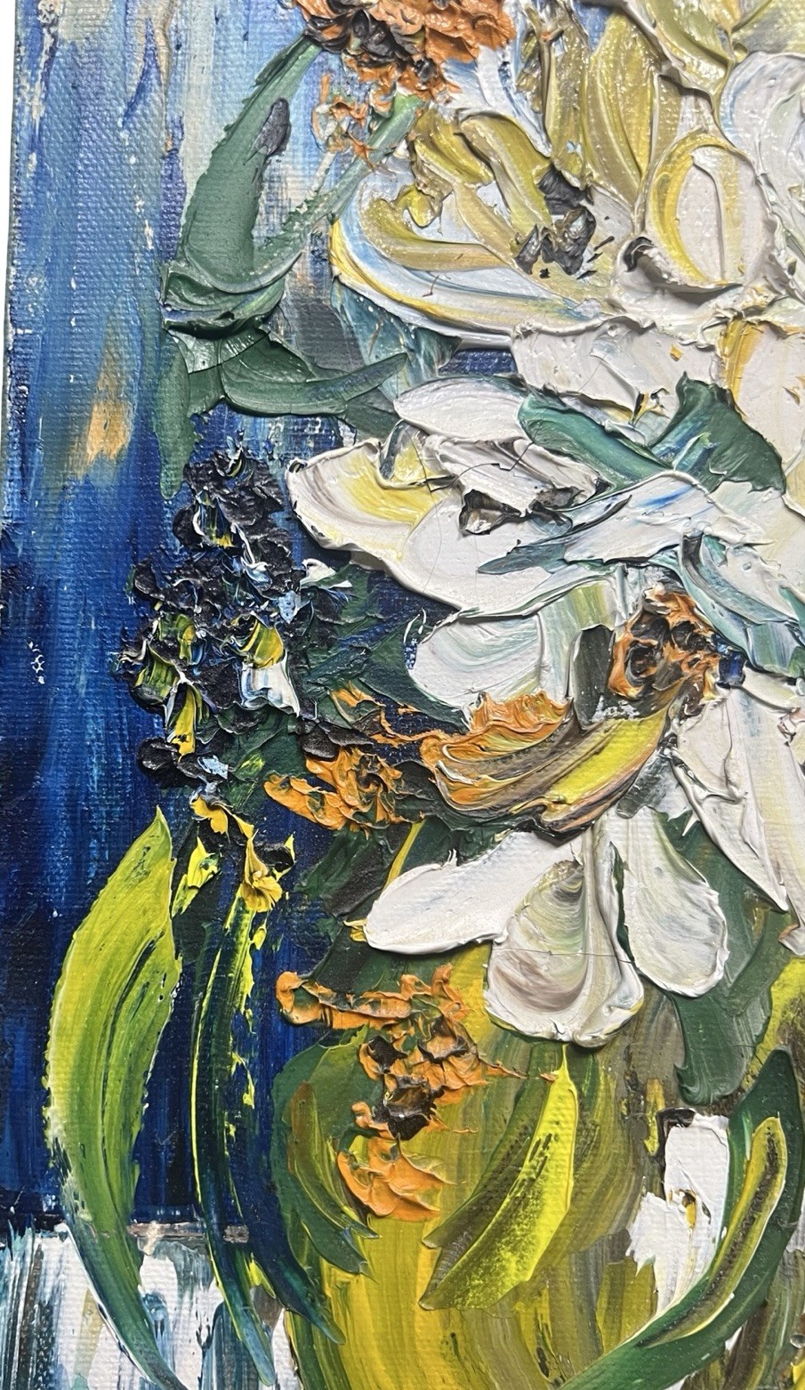 Vtg Palette Knife Impasto Impressionist Oil Painting Flowers Vase Signed 8″x16″