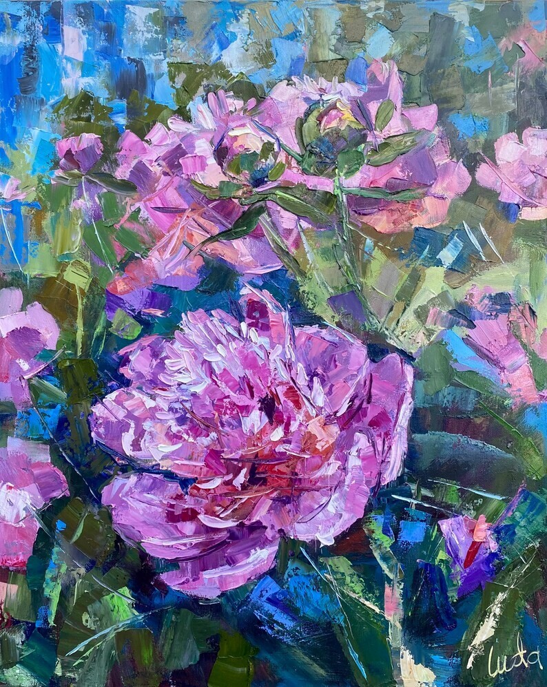 Nature Impasto Pink Peonies Flowers in a Field Oil Painting on Canvas 30×24 inch