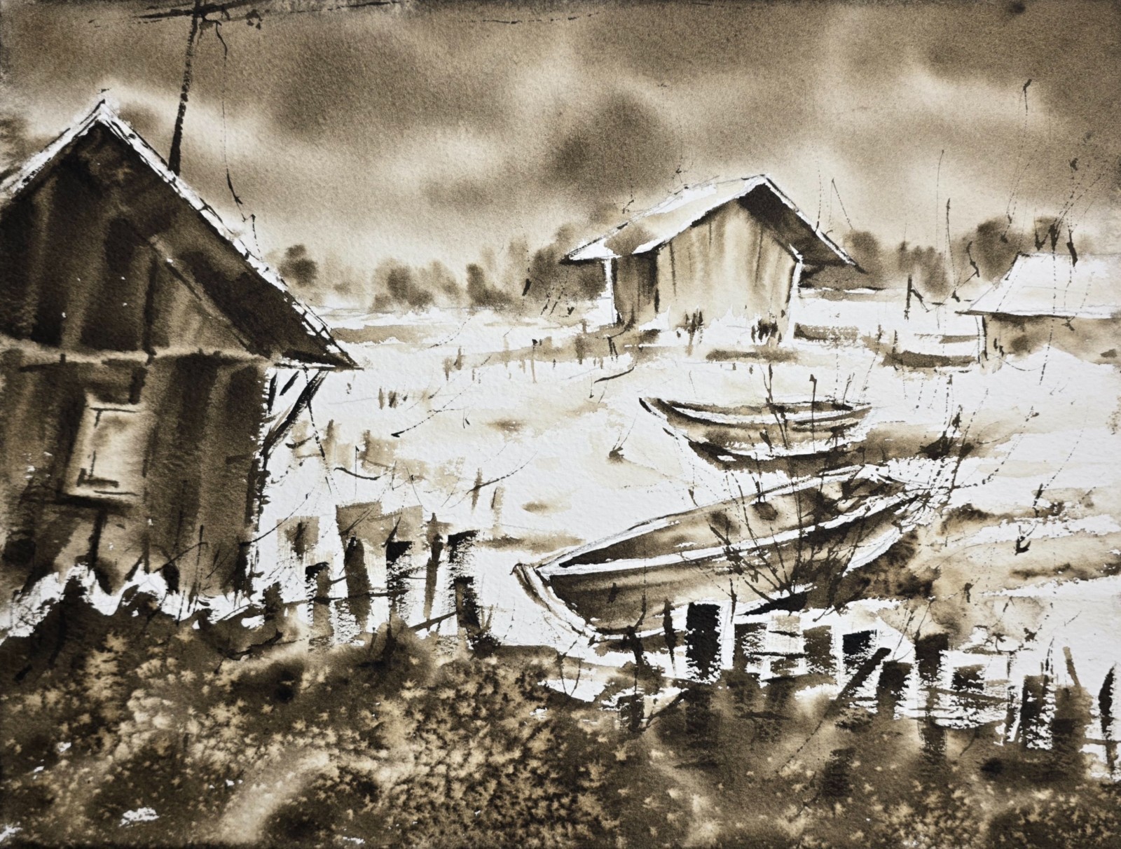Original Watercolor Triptych Winter Wall Art, Monochrome Village Snow Landscape