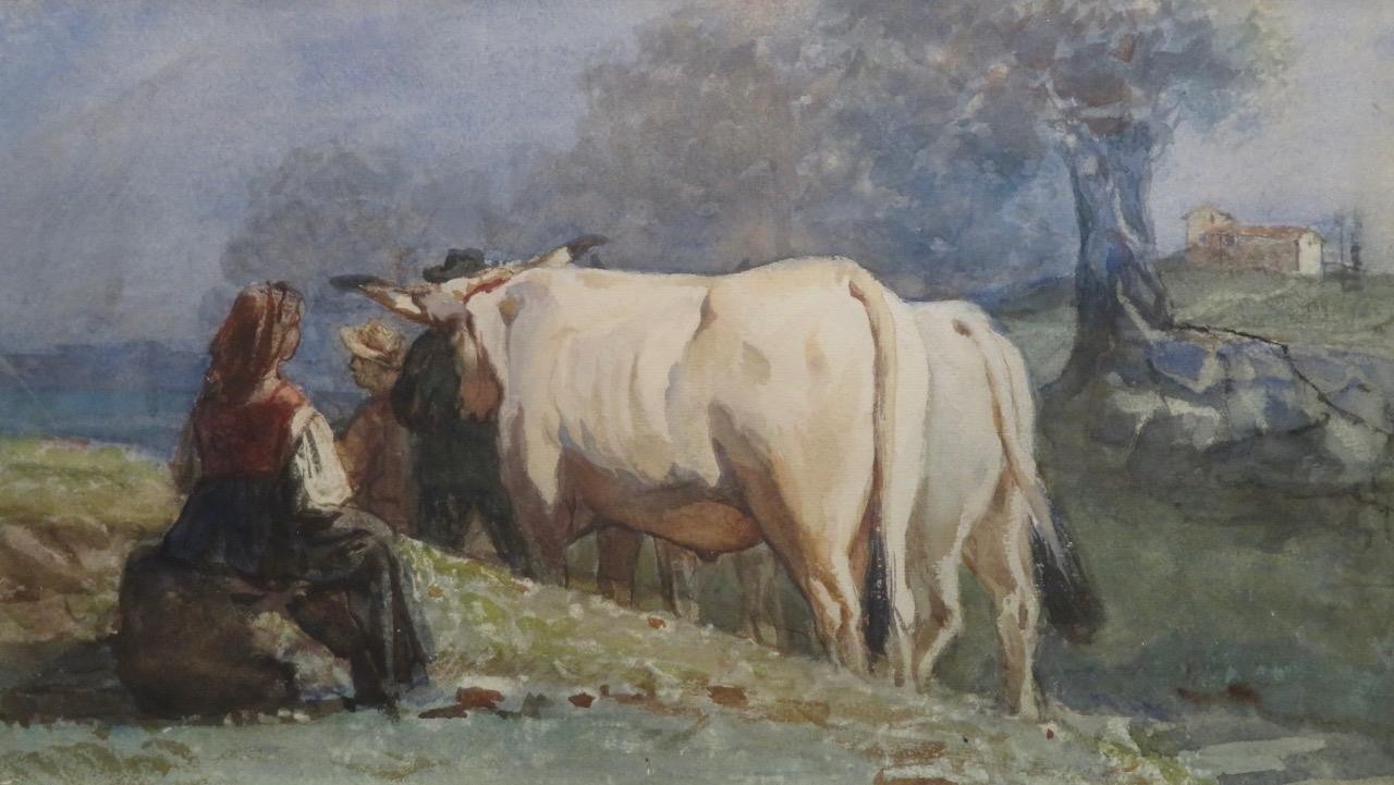 Quality Antique German / Austrian ? Watercolour «Peasant Woman With Oxen»