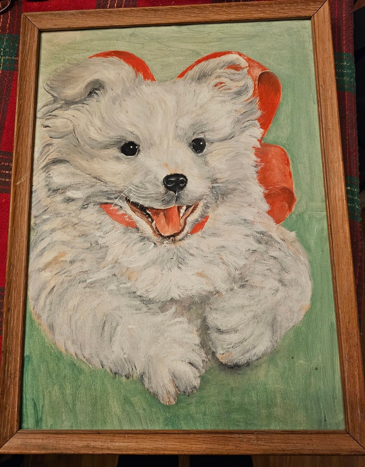 Vintage Mid-Century Framed Dog Painting White Pomeranian or Japanese Spitz 13×18