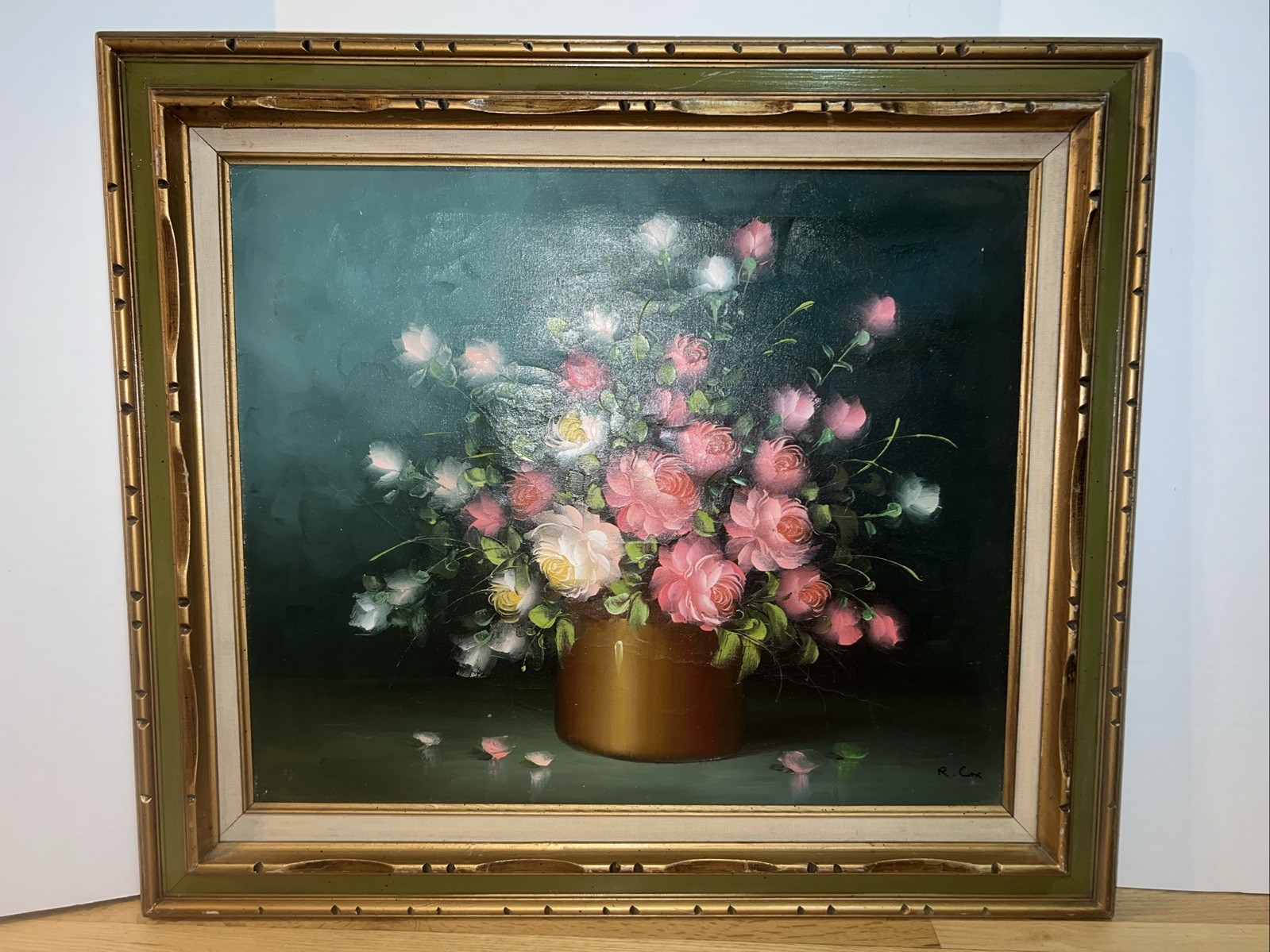 VTG Mid Century Still Life Romantic Roses Painting Signed R Cox Gold Frame 31×27