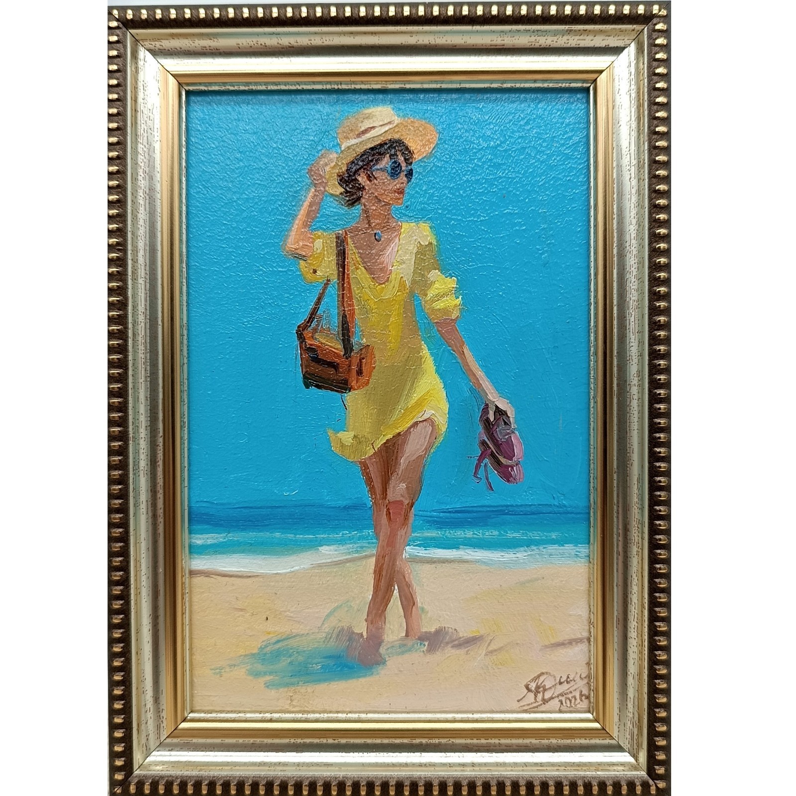 Beach Girl Original Oil Painting 4×6 Framed Signed Woman Sea Beachfront Art