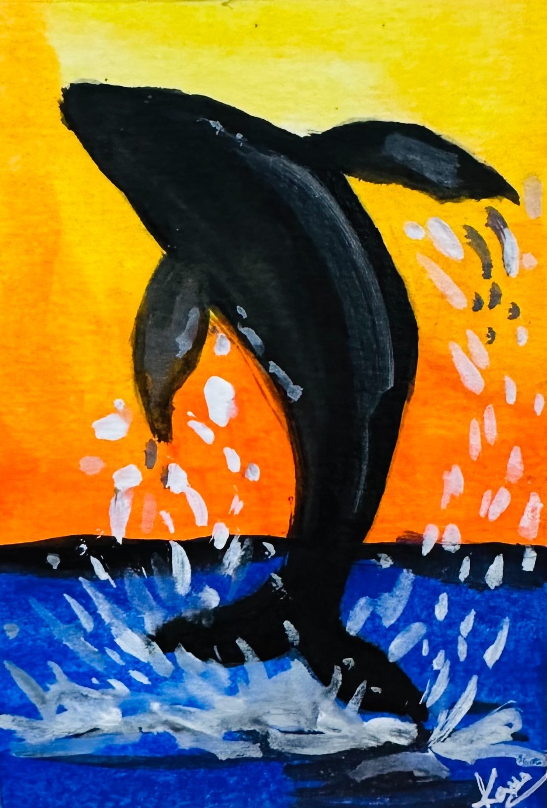 ACEO Whale Breaching at Sunset Acrylic Painting Art Marine Life Original Ocean