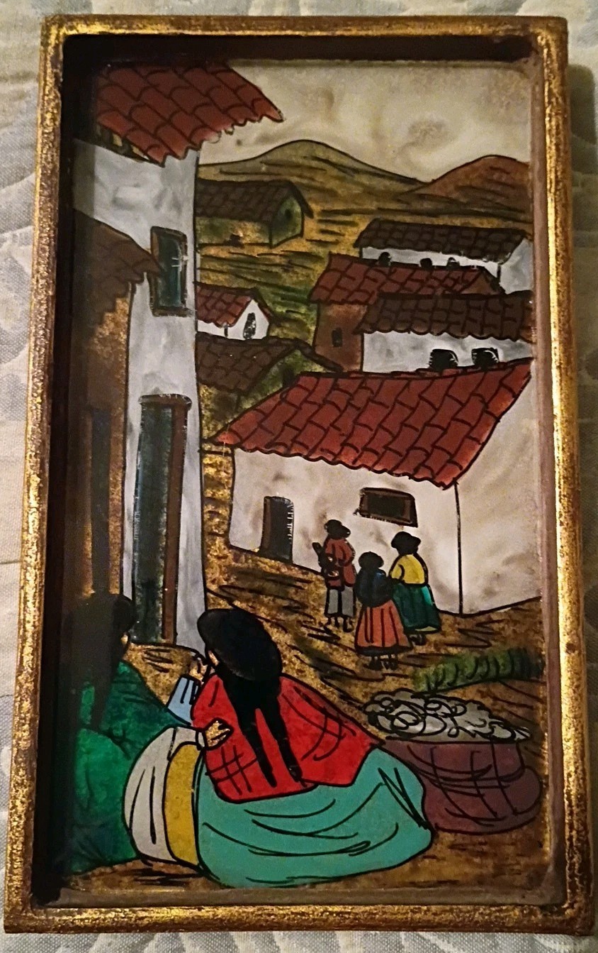 Vintage Peruvian Reversed Oil Painting (Village) 3 1/2″ x 5 3/4″