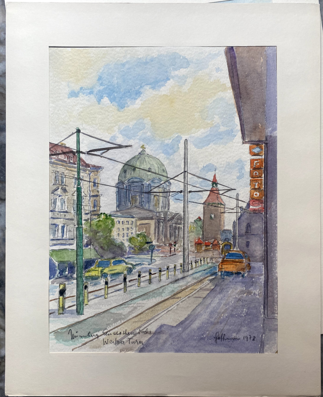 Watercolor Signed Hoffmann Nuremberg Elisabeth Church White Tower Old Town Car
