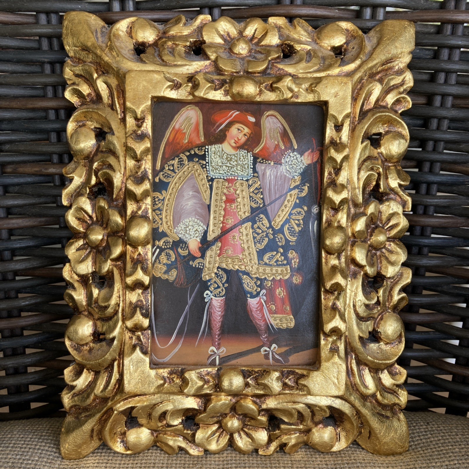 Cusco School of Art Revival Retablo Archangel Gold Gilt Wood Frame