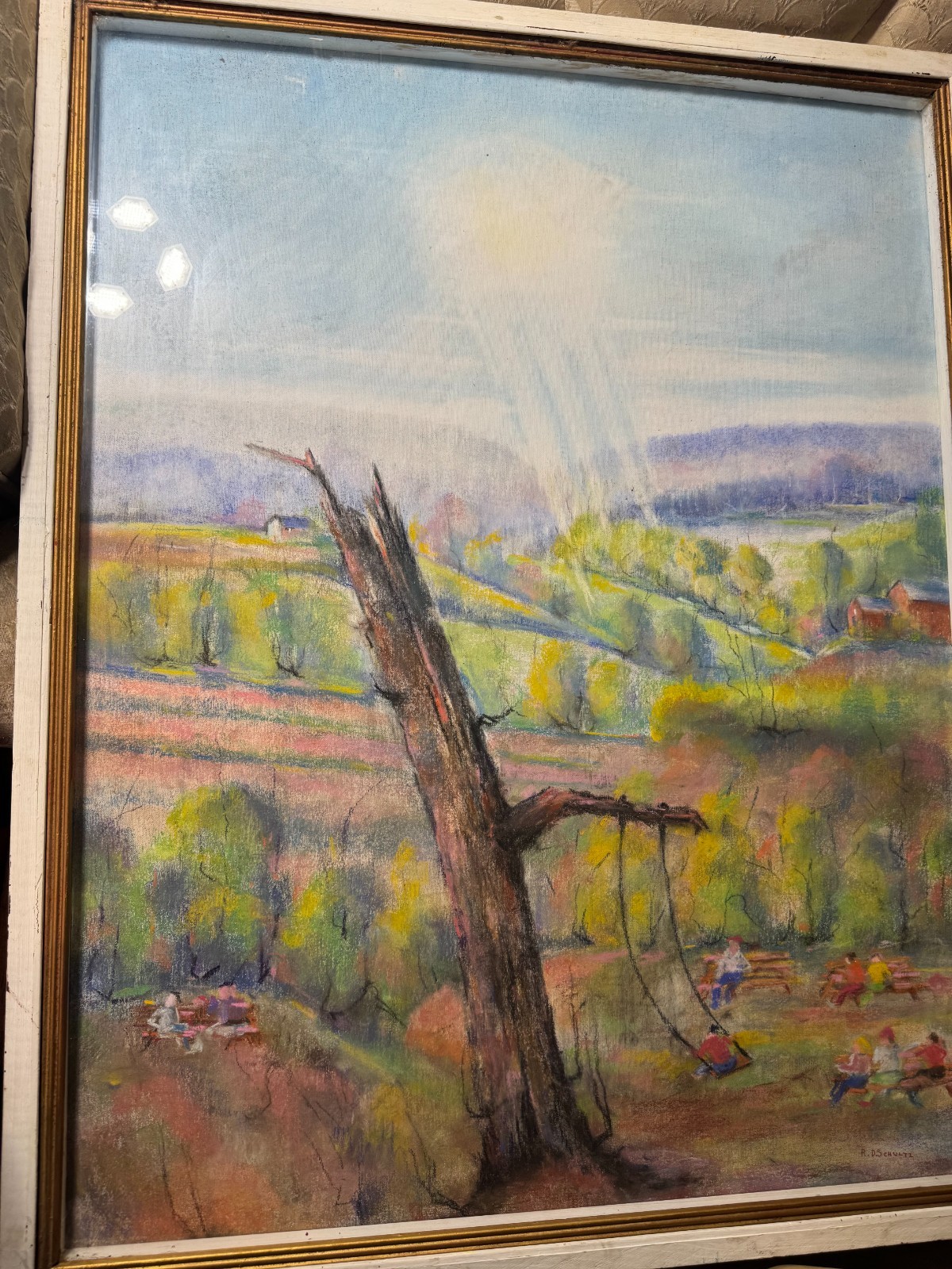 Huge Richard D. Schultz (1915 – 2007) «Children In Park» Pastel Painting -Framed