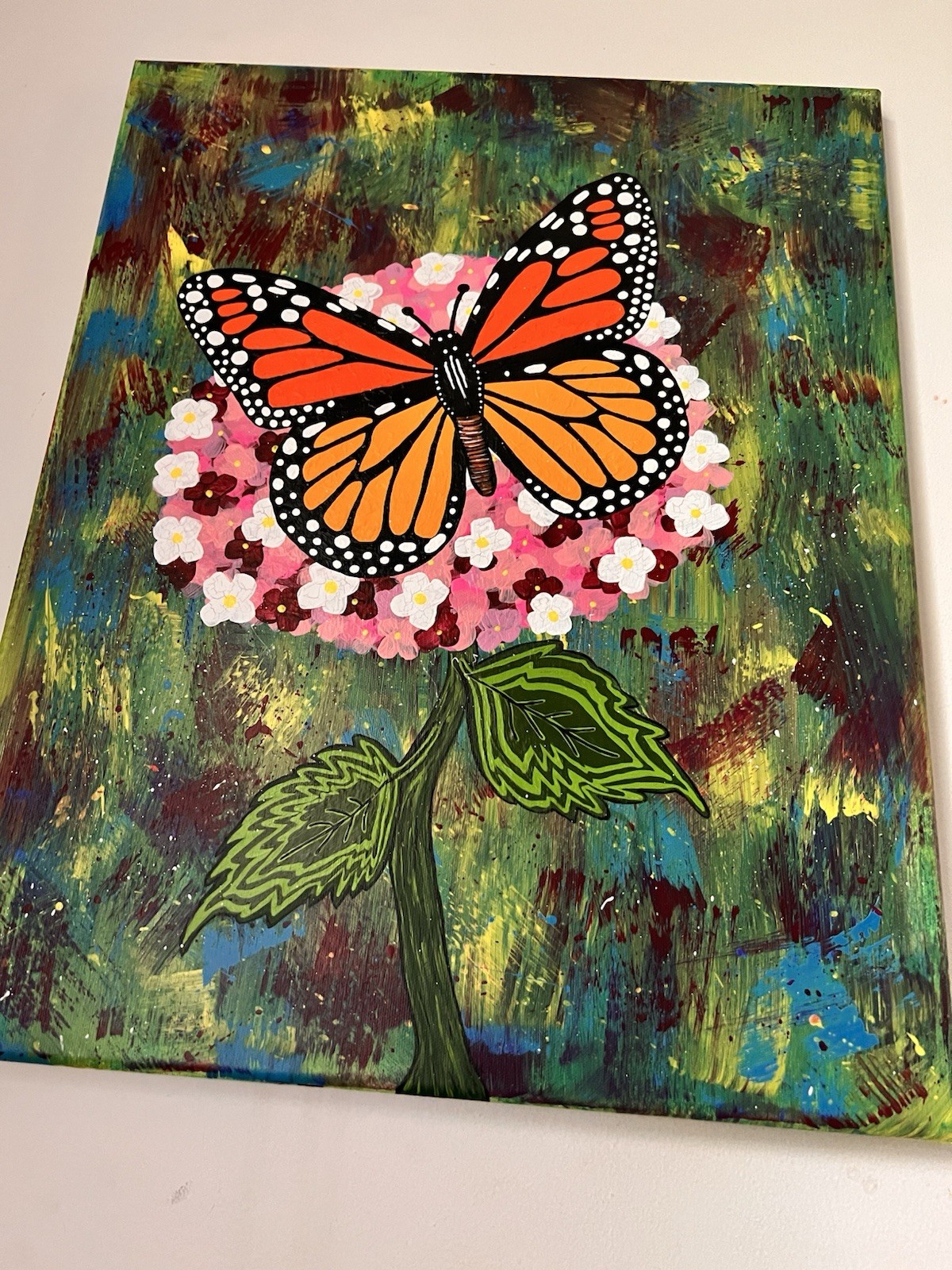 Pit Stop Monarch Butterfly Flower Acrylic Canvas Painting 16×20”