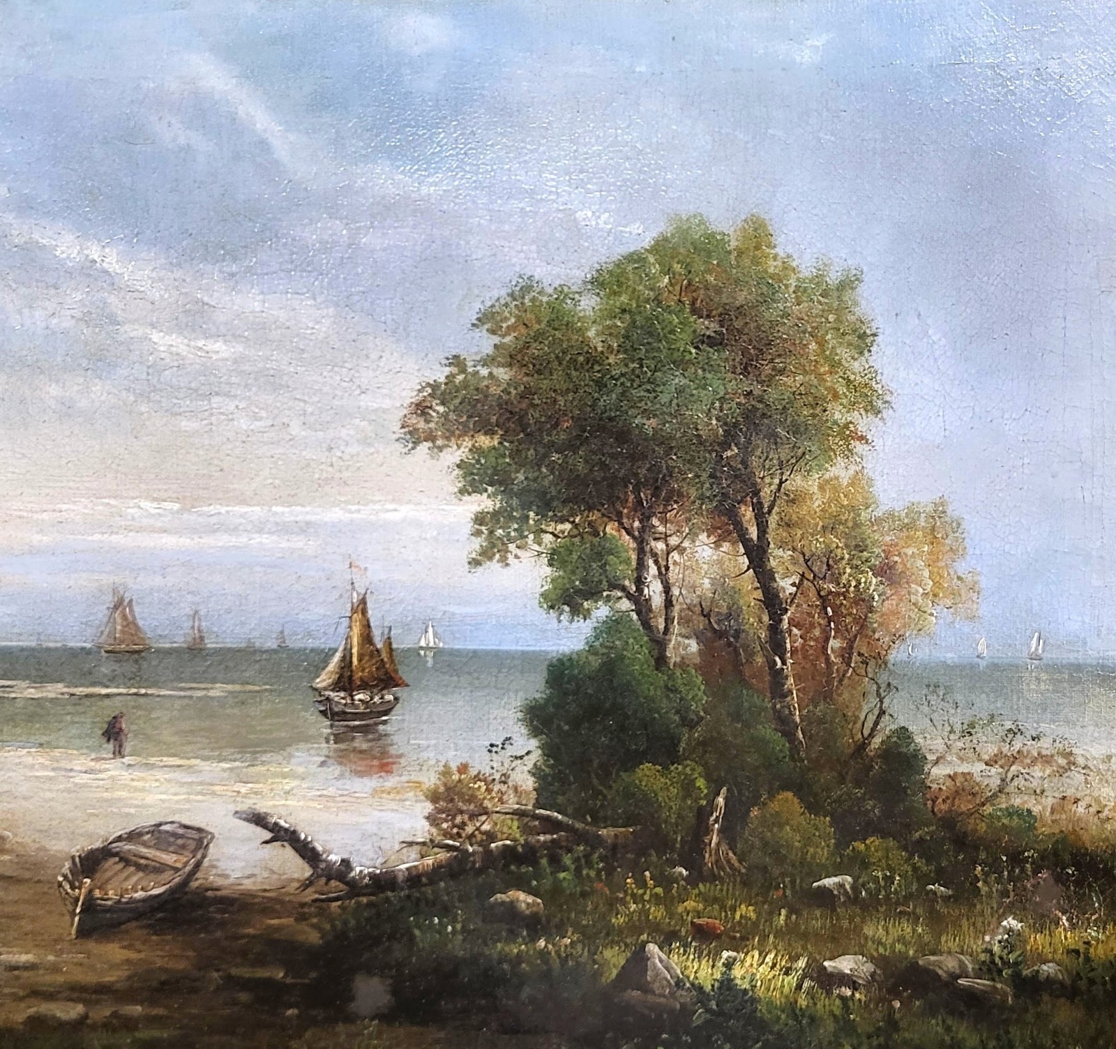 X-Large ANTIQUE Gilt Framed 19th C SEASCAPE Coastal SAILBOAT Scene OIL PAINTING