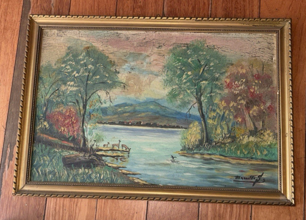 Orginal Oil Painting Signed River Landscape Gold Gild Ornate Wood Frame Picture