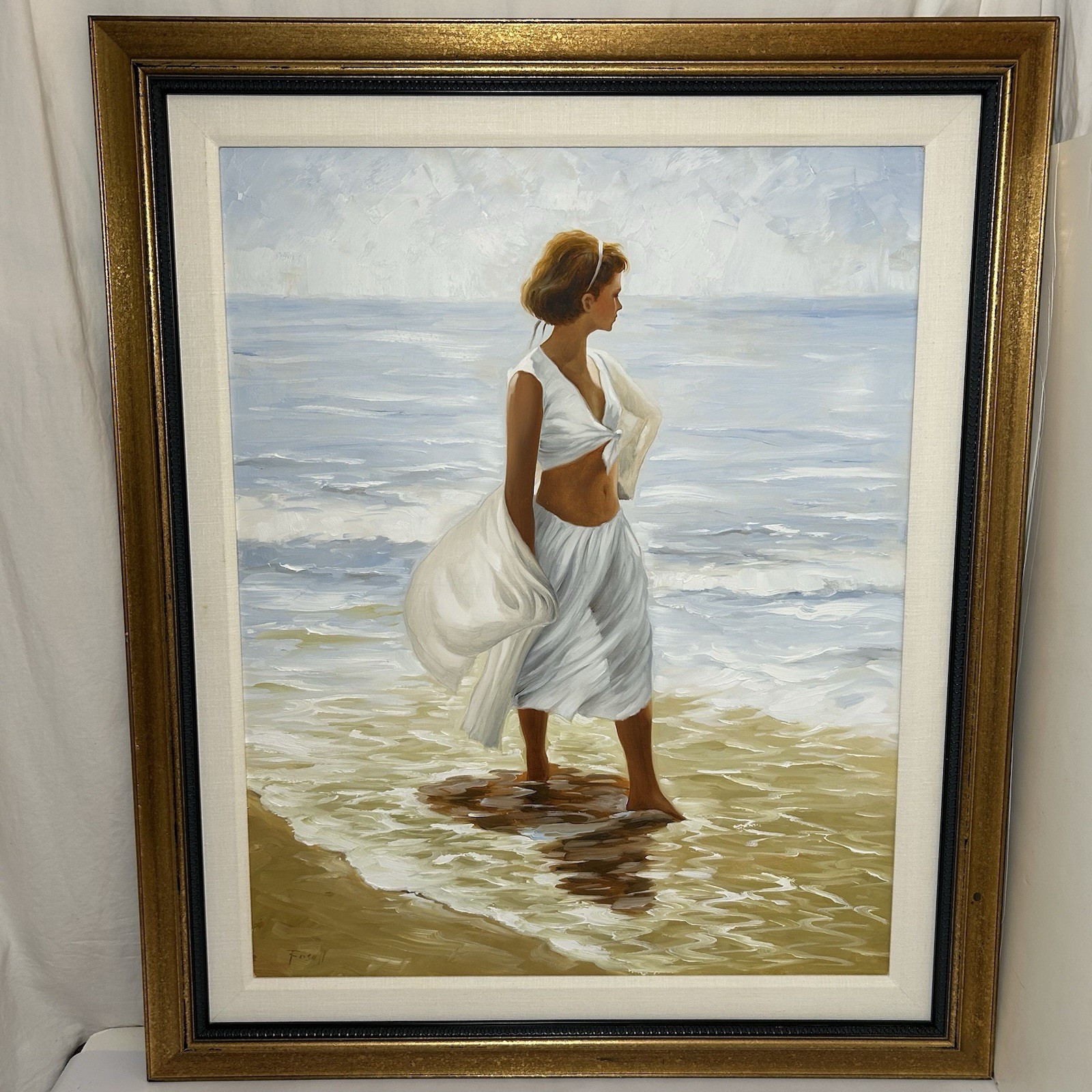 Vintage Signed Juan Rosell Original Oil on Canvas Surf Study Lady Beach Painting