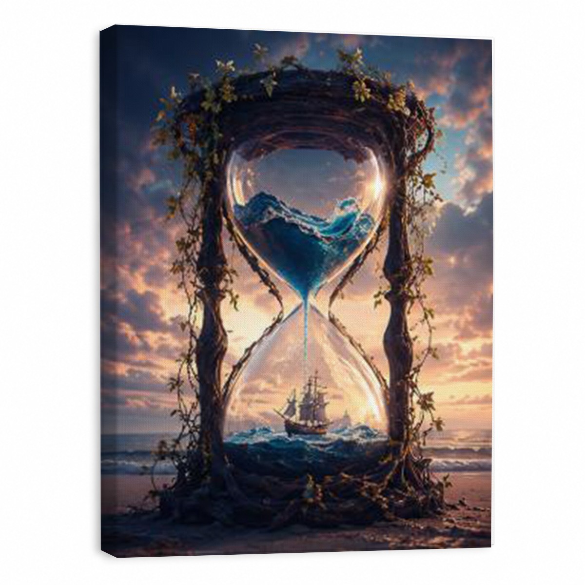 Fantasy Hourglass Ocean Canvas Wall Art, Surreal Sea Ship Print Coastal Beach