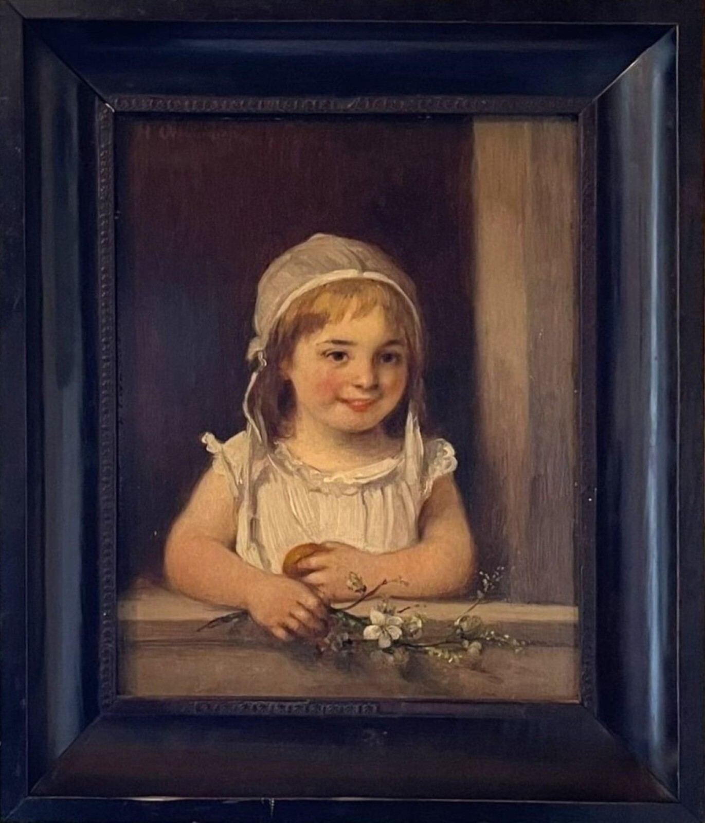 Antique Painting by Hugo Oehmichen (1843-1932) shows a Young Girl Looking out
