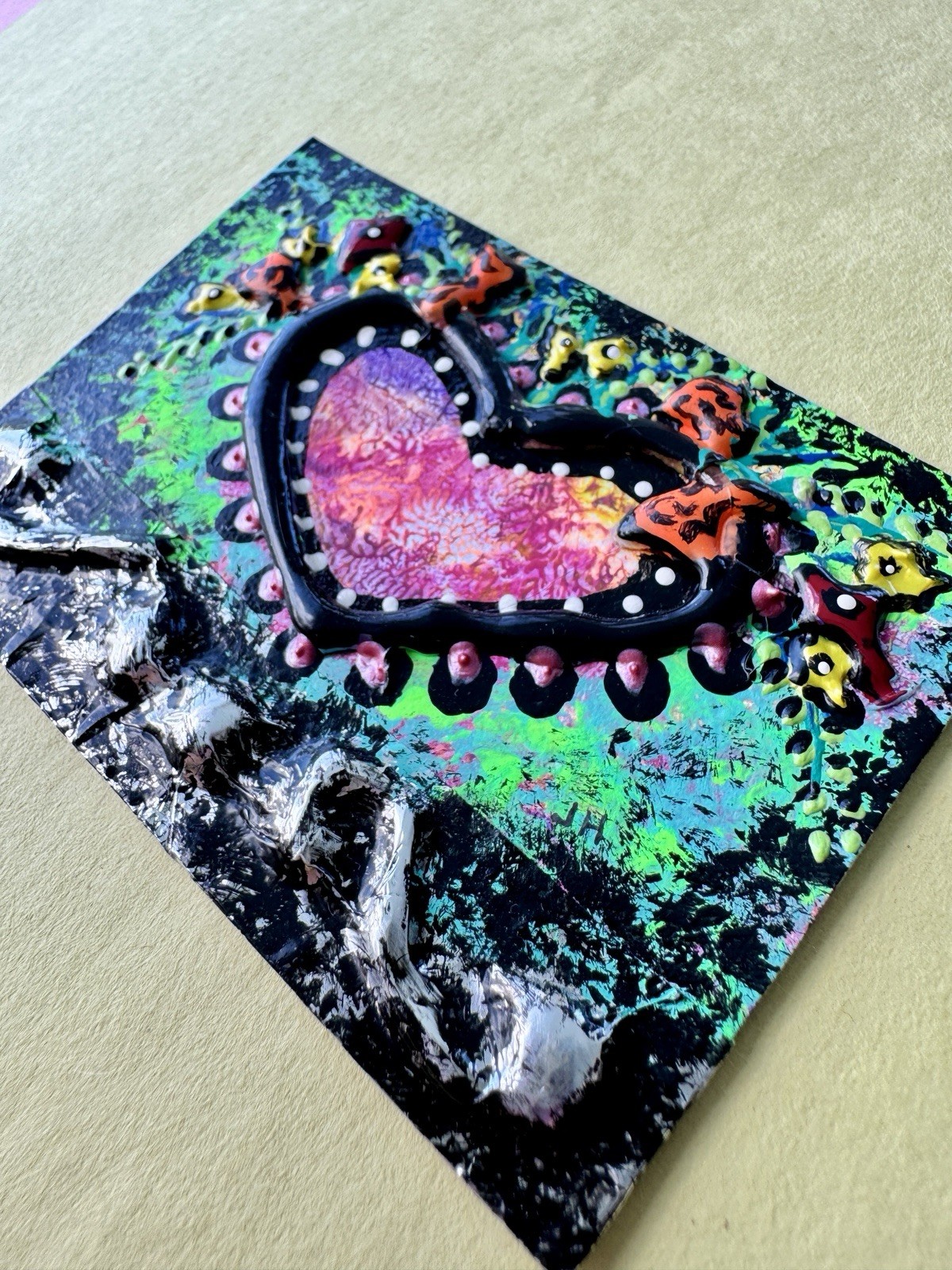 Floral Pink Purple Heart Original Hand Painted 3D Metal Trim ACEO OOAK ATC