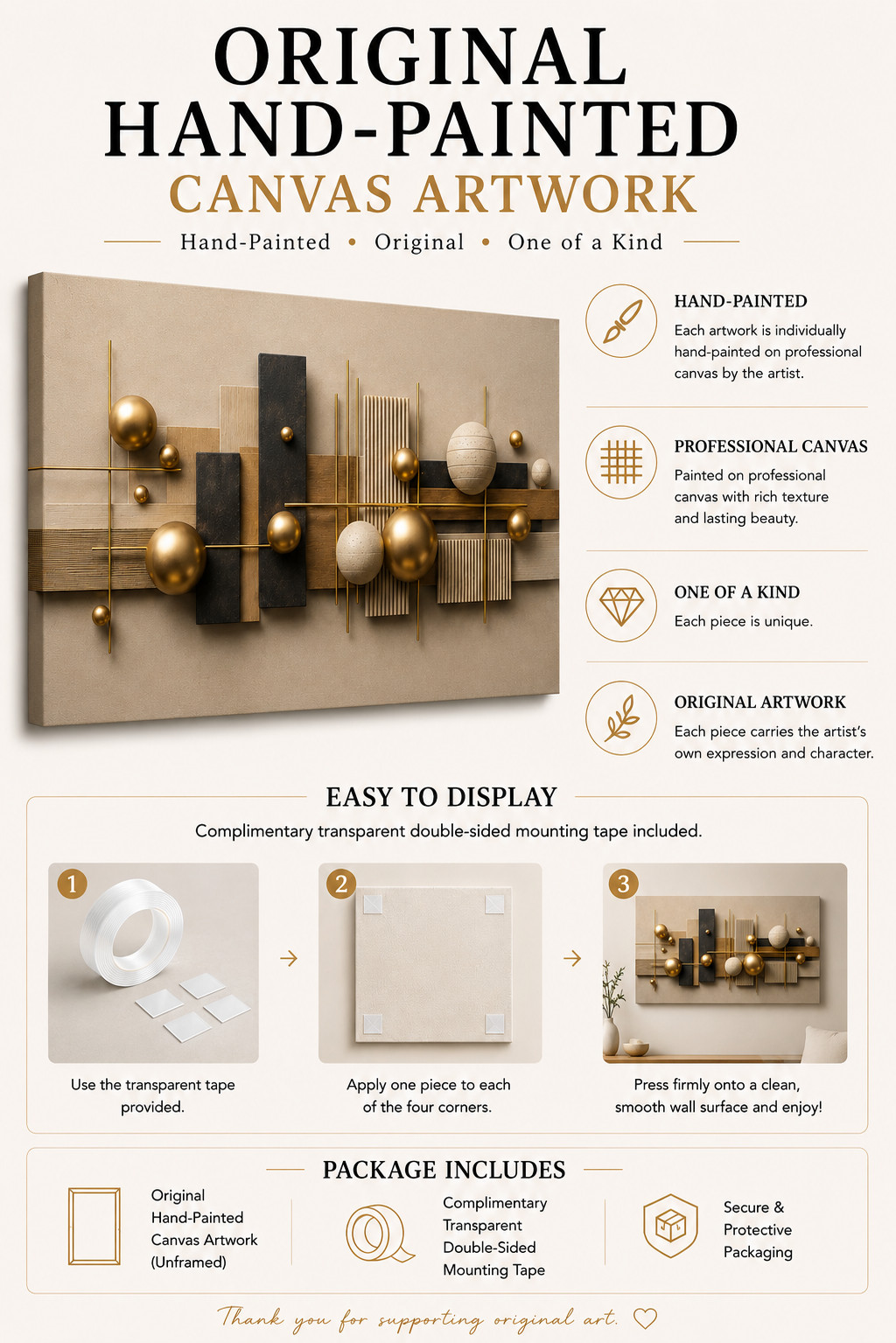 Original Hand Painted Abstract Geometric Canvas Art Gold Sphere Wall Decor 36×72