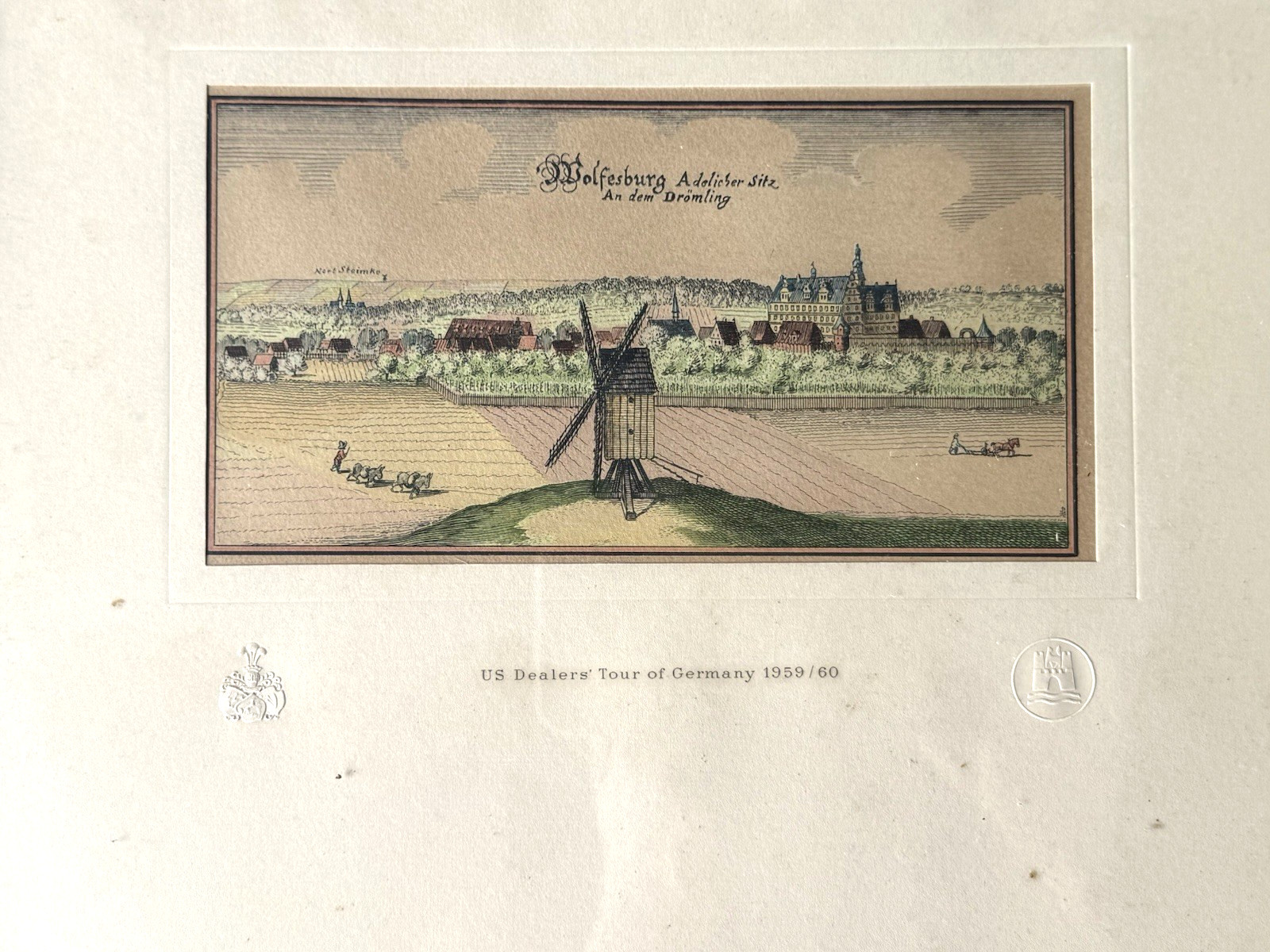 Antique Hand Colored Engraving Wolfsburg Germany Windmill Cityscape 1700s Framed