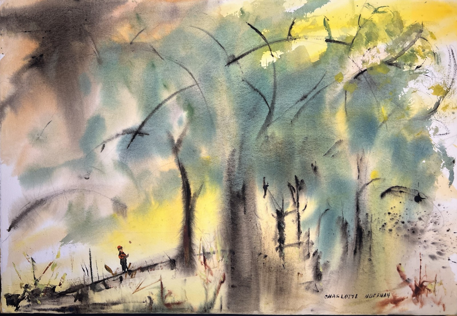 Landscape in Woods–Mid 20th C. Medium Size Watercolor Painting–Charlotte Hoffman