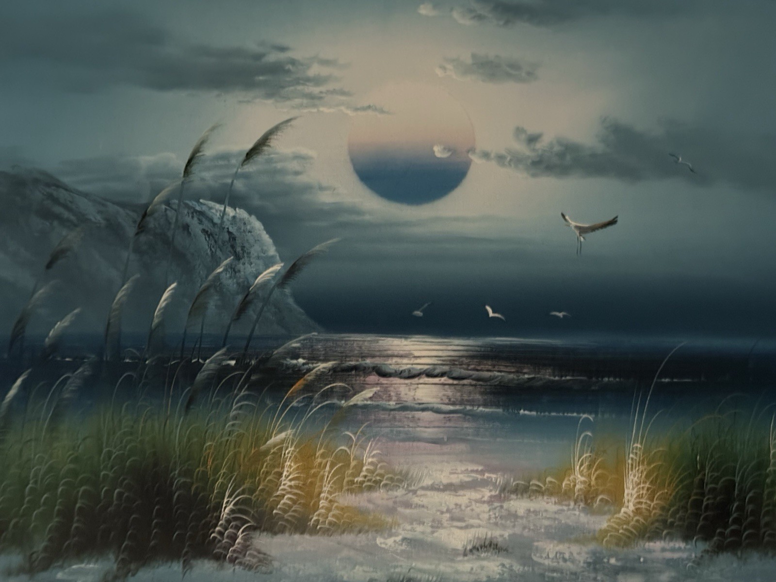 Coastal Beach Moon Night Waves M. Harry Serenity Unframed 36”x23”