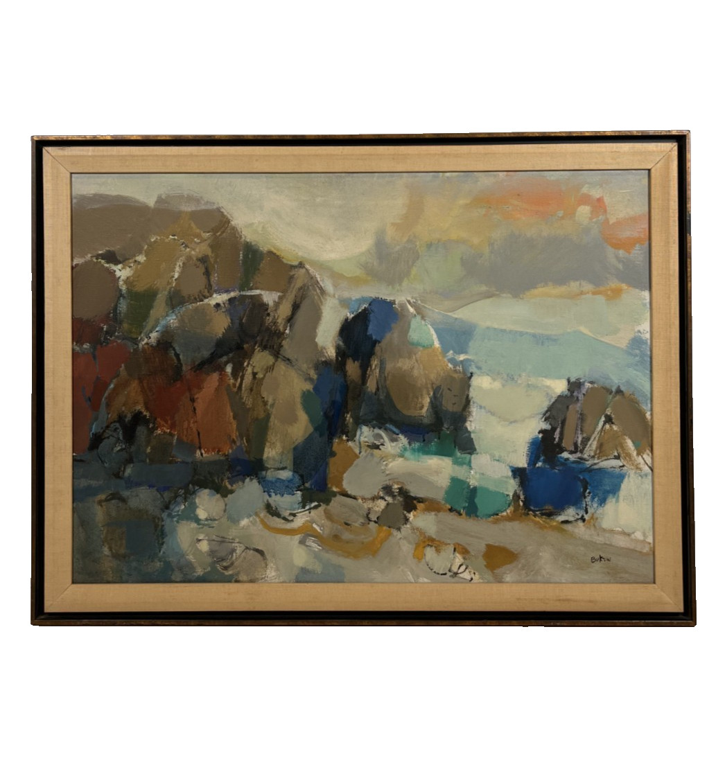LEON BUKZIN ABSTRACT MODERNIST COASTAL LANDSCAPE VINTAGE MCM MODERN OIL PAINTING