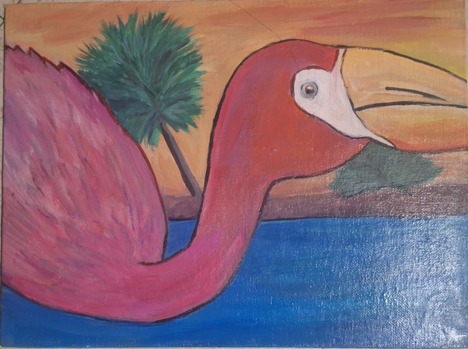 Original Abstract Flamingo Painting acrylic canvas panel 9×12