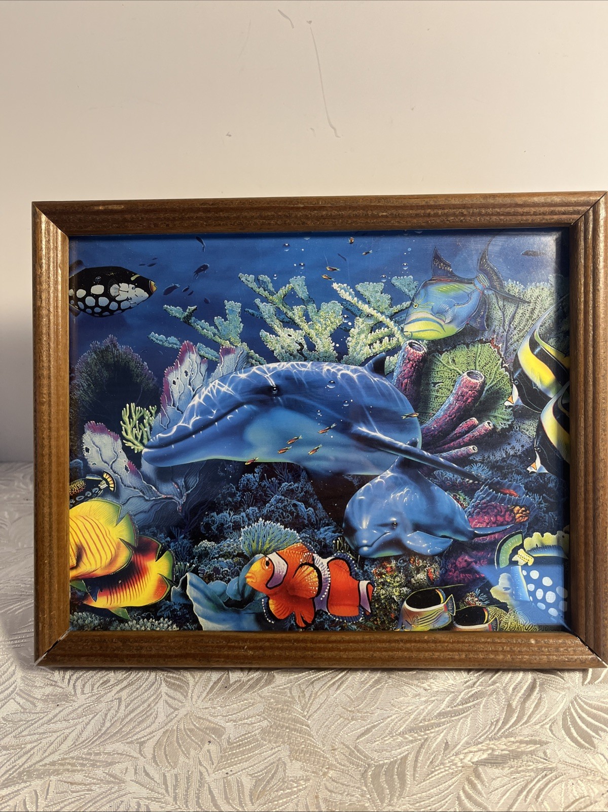 Vintage Dolphins Sea Colorful Print 10”x9” Framed