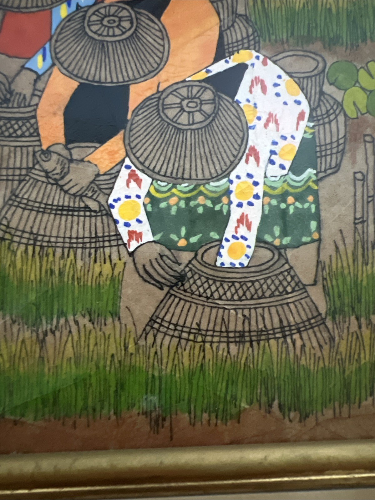 Asian Thai Expressionist Leaf painting-Artist Thanom-Vintage-MCM