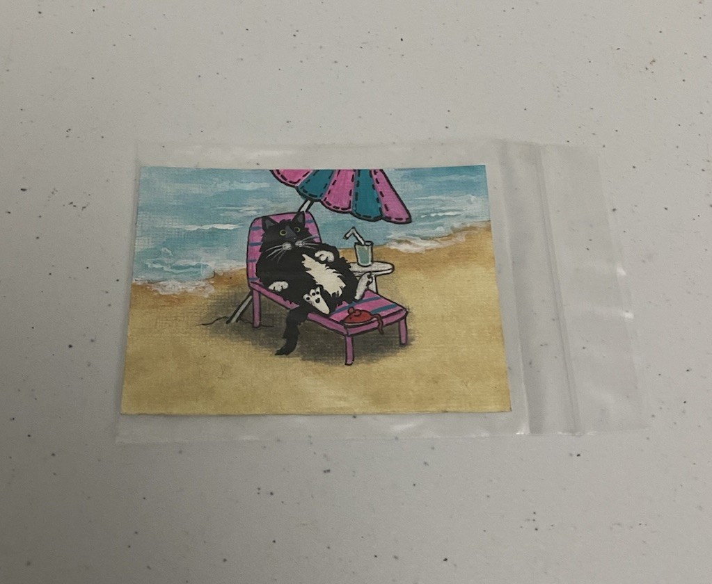 ACEO Original Pryjmak Painting Cat Tuxy On The Beach 2.5×3.5” 2019