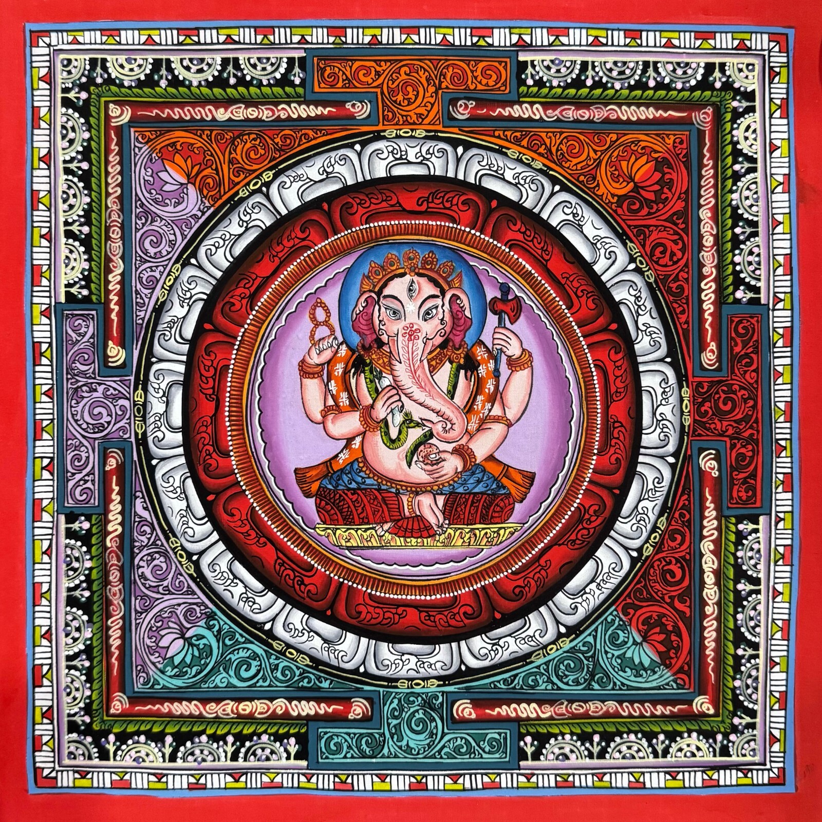 34x34cm Ganesha Mandala Thangka, Painting for wll Decoration and Shrine, Ganesha