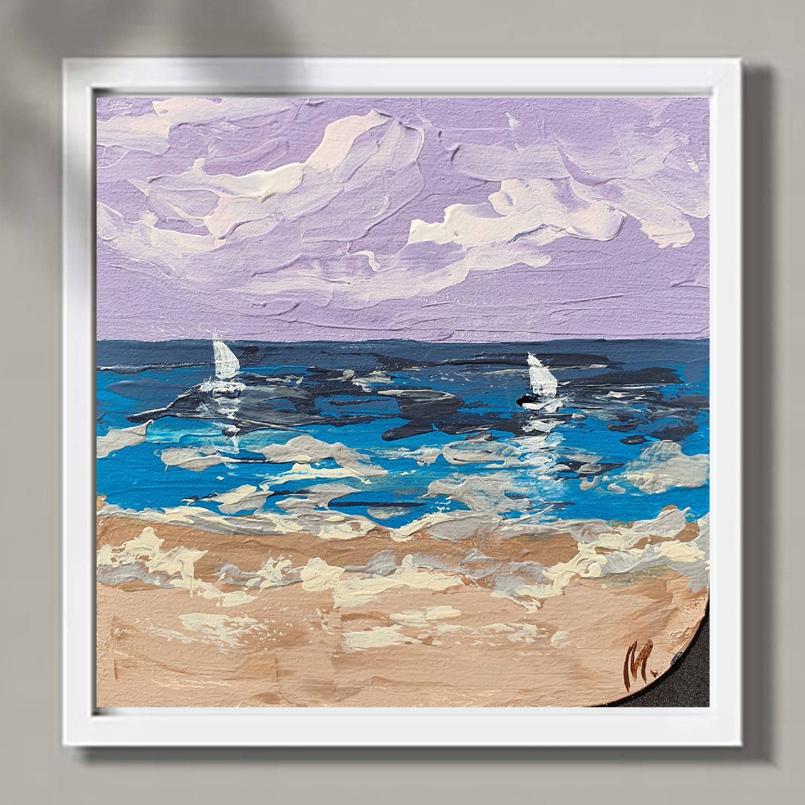 Mini Seascape Painting White Sailboats Nautical Ocean Art 5×5 Original Wall Art