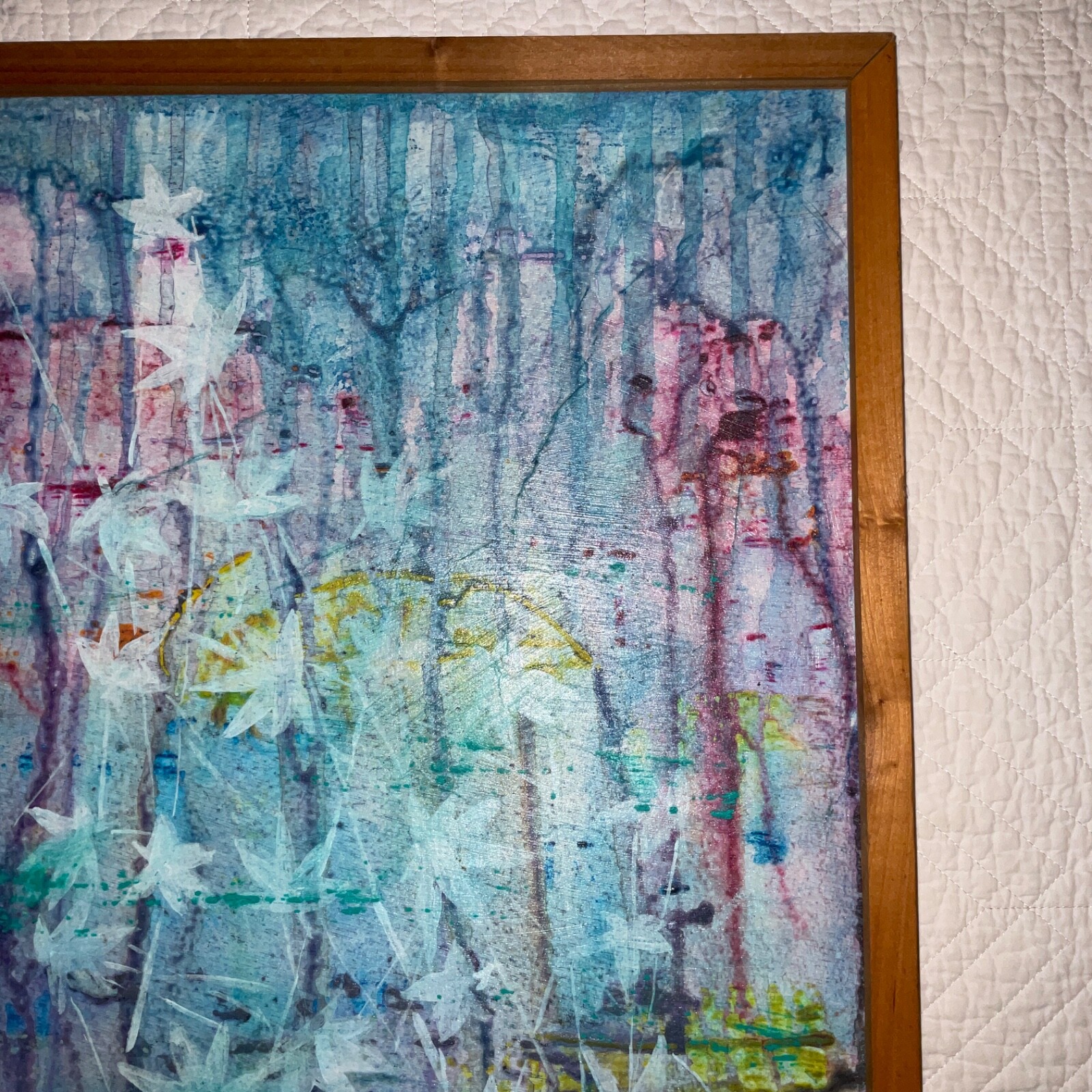 Abstract original hand painted PAINTING collage signed aqua blues falling leaves
