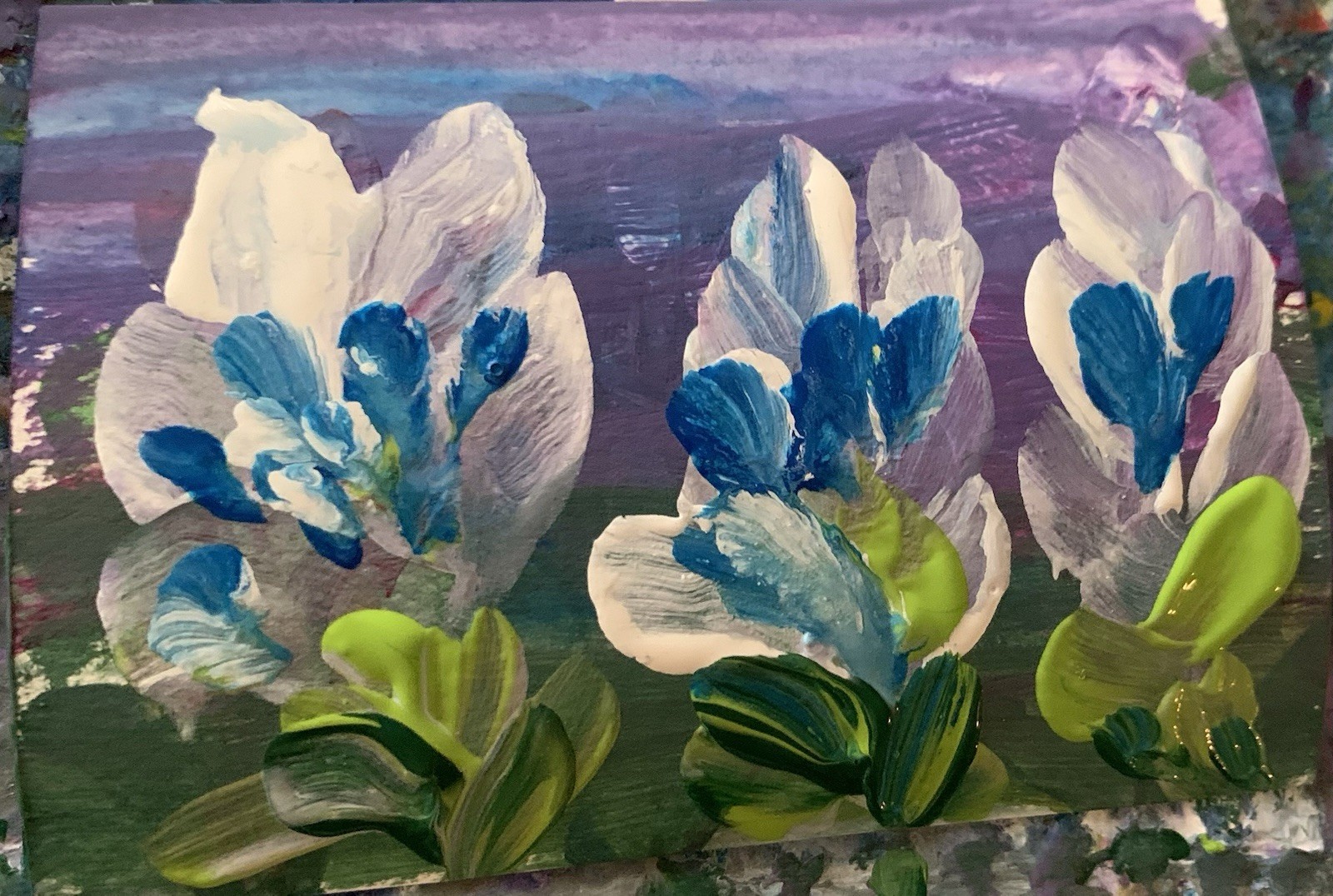 ACEO Impressionist Mini Original Painting Three Flowers Plants Acrylics