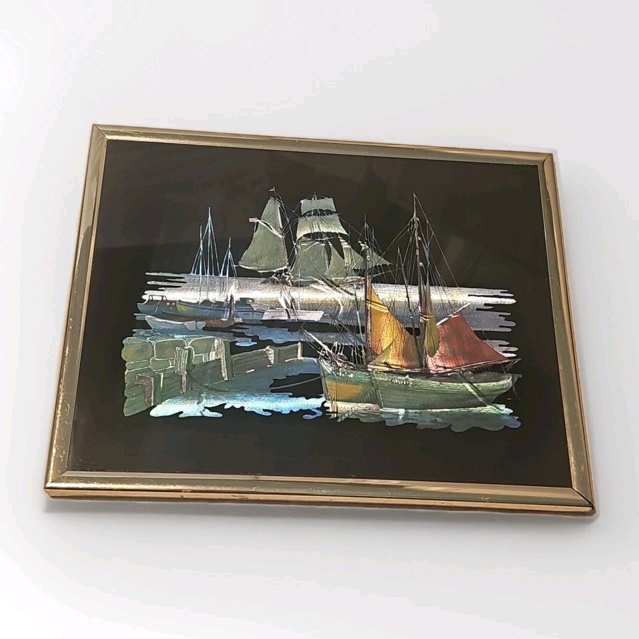 1988 Kafka Industries Nautical Harbr Sailboat Reverse Paint Foil Wall Art Framed