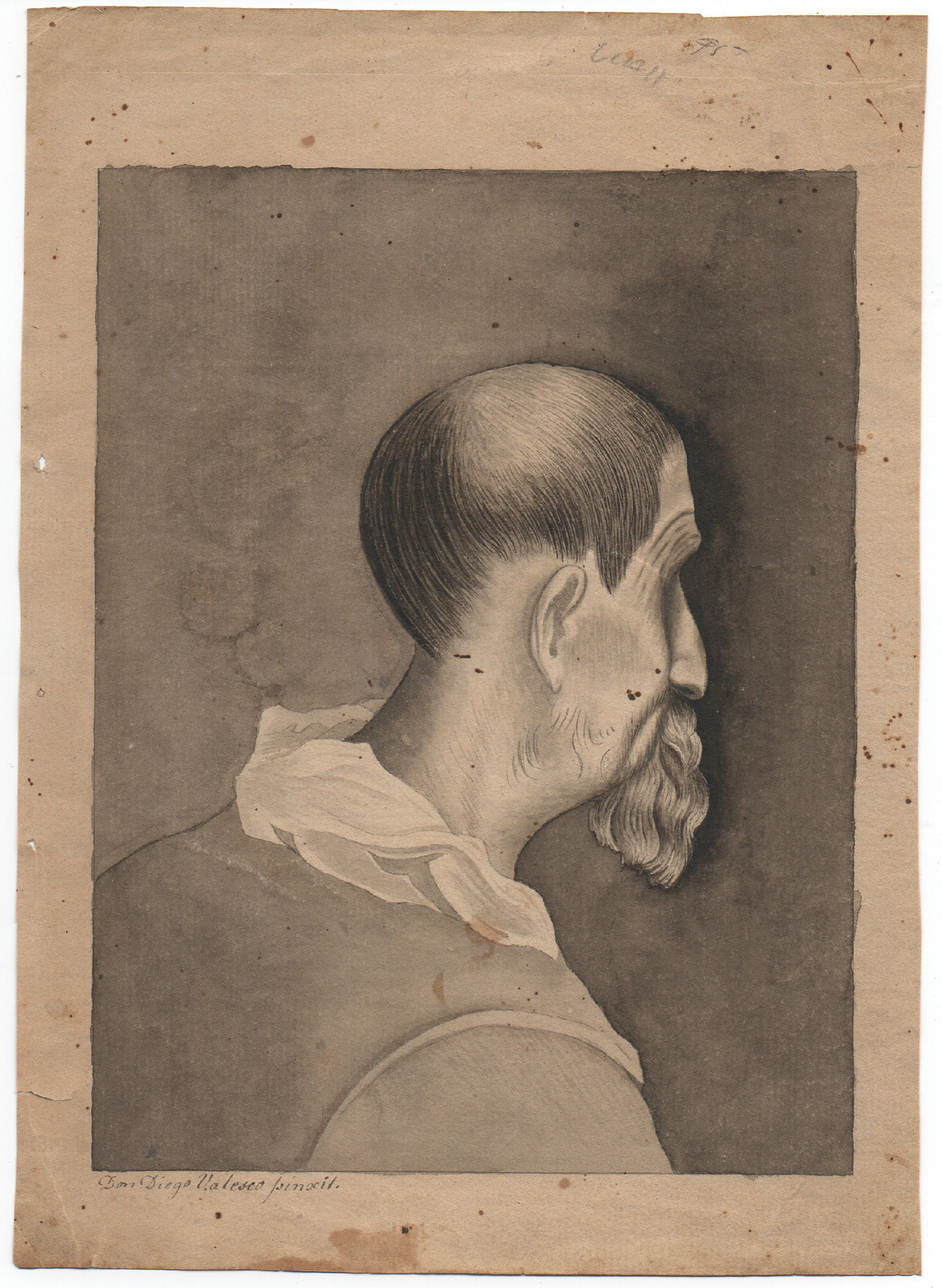 1700s Watercolor on Paper of Man’s Profile Signed Don Diego Valesco