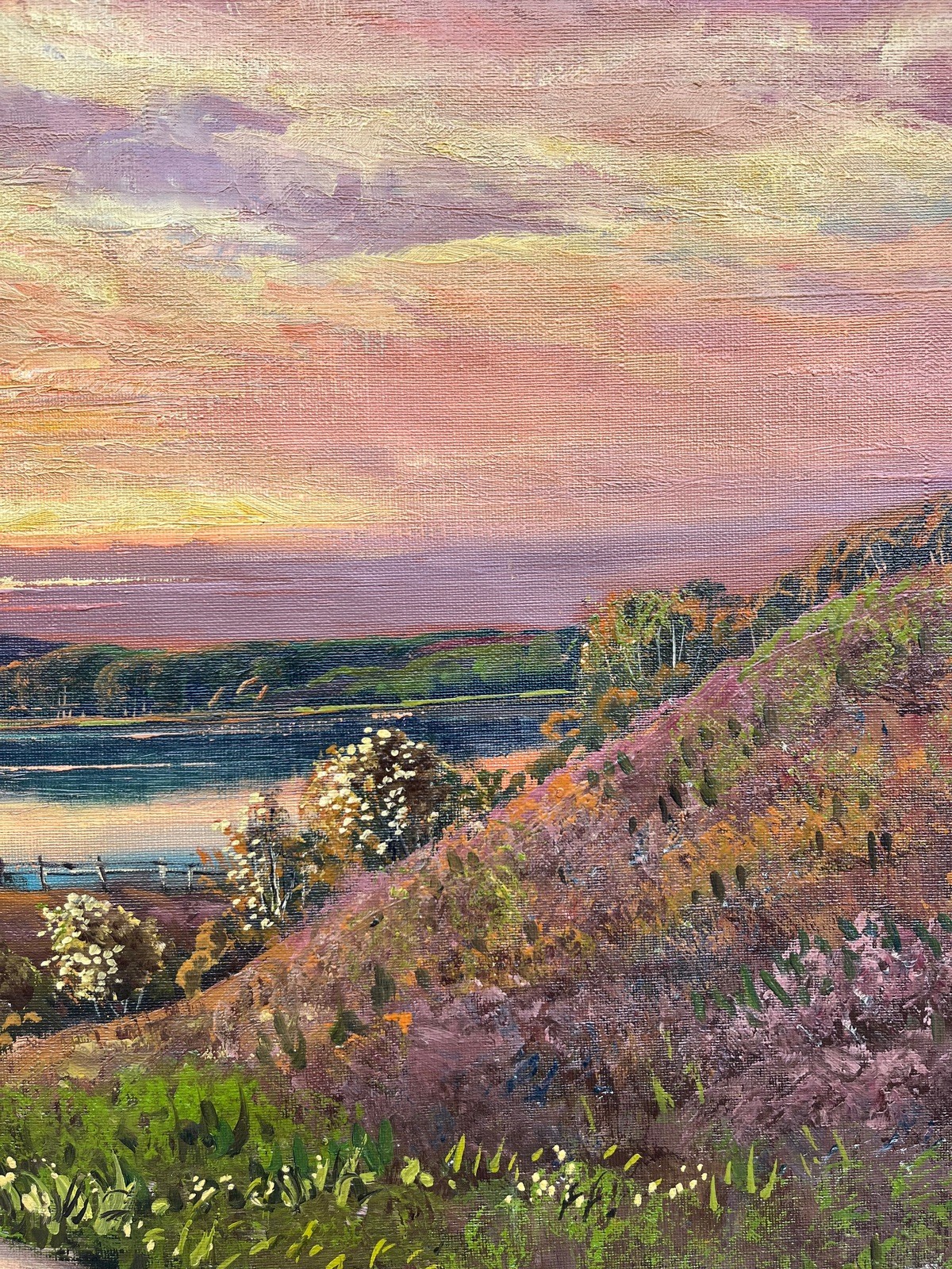 Impressionist Evening Summer Landscape With Lake Oil Painting, Antique, Framed