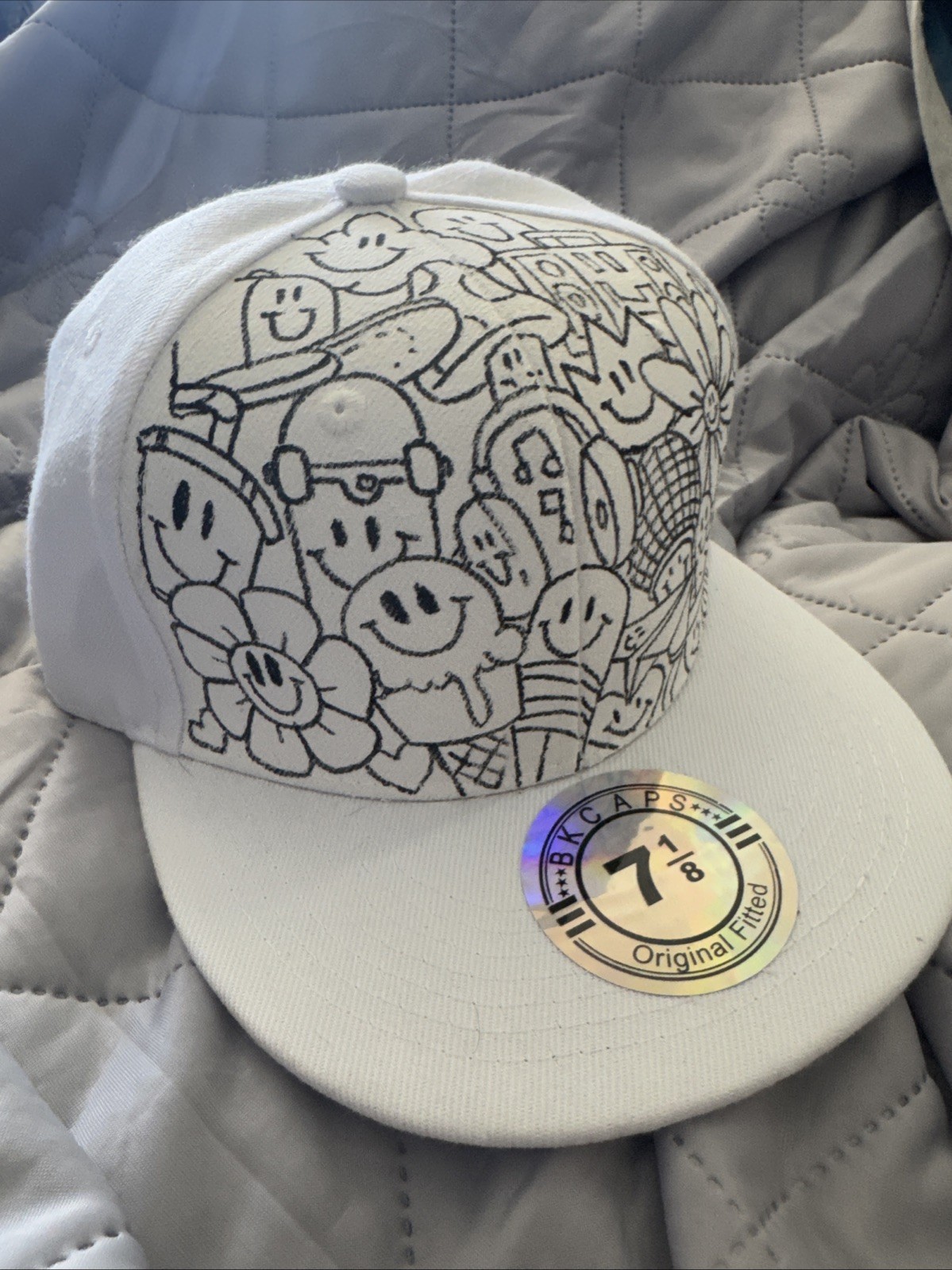 White Fitted 7 1/8 Hand Painted Hat Hip Hop Flower DIY Doodle Hat Shortiez Ink