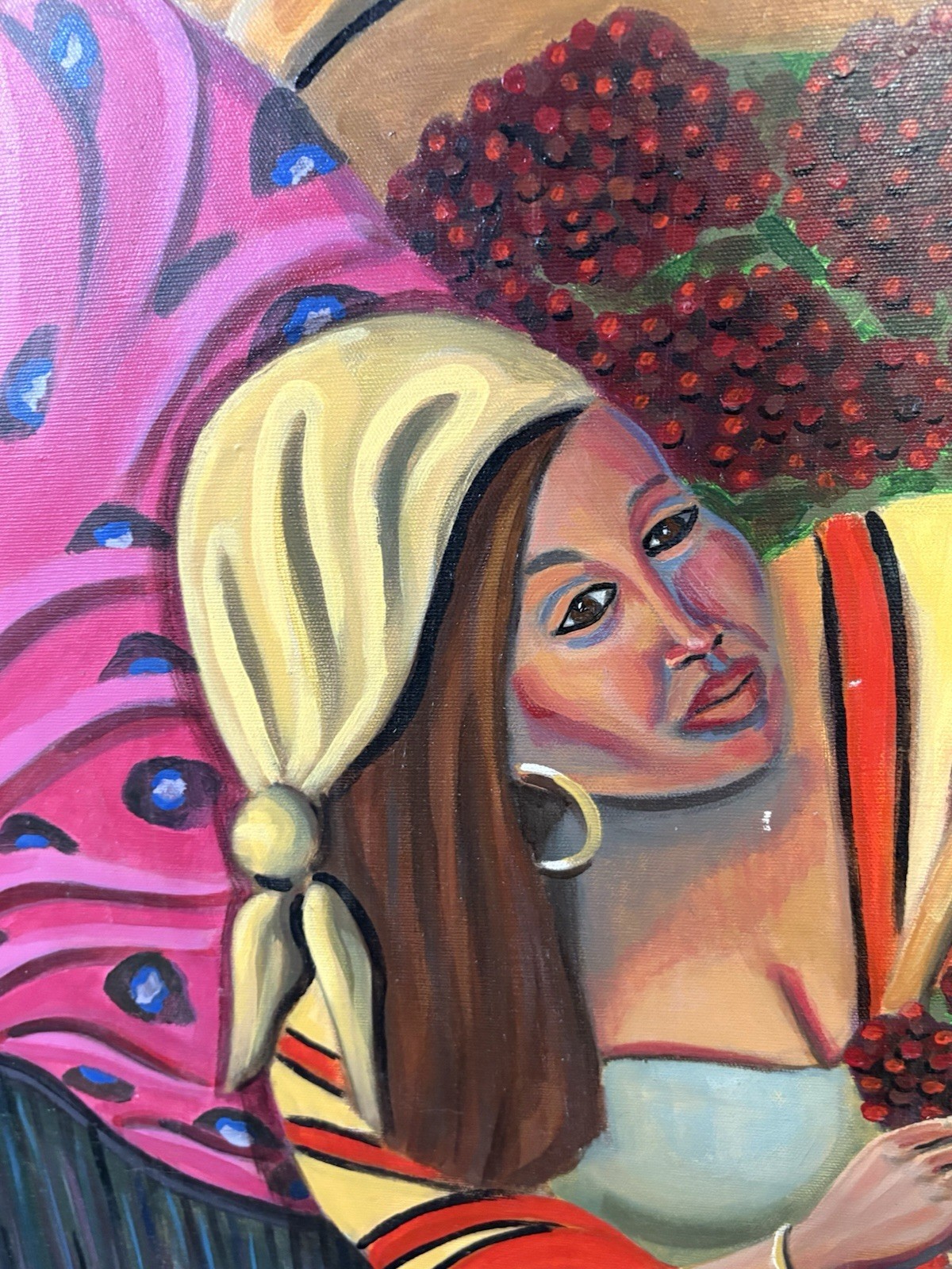 Market Harvest Women Colorful Textiles Gold Hoops Original Painting Signed Sal
