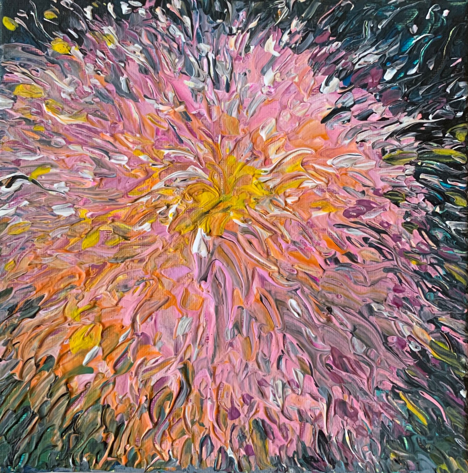 «DAHLIA» size 7.9×7.9 in, floral abstract acrylic paintings on canvas original