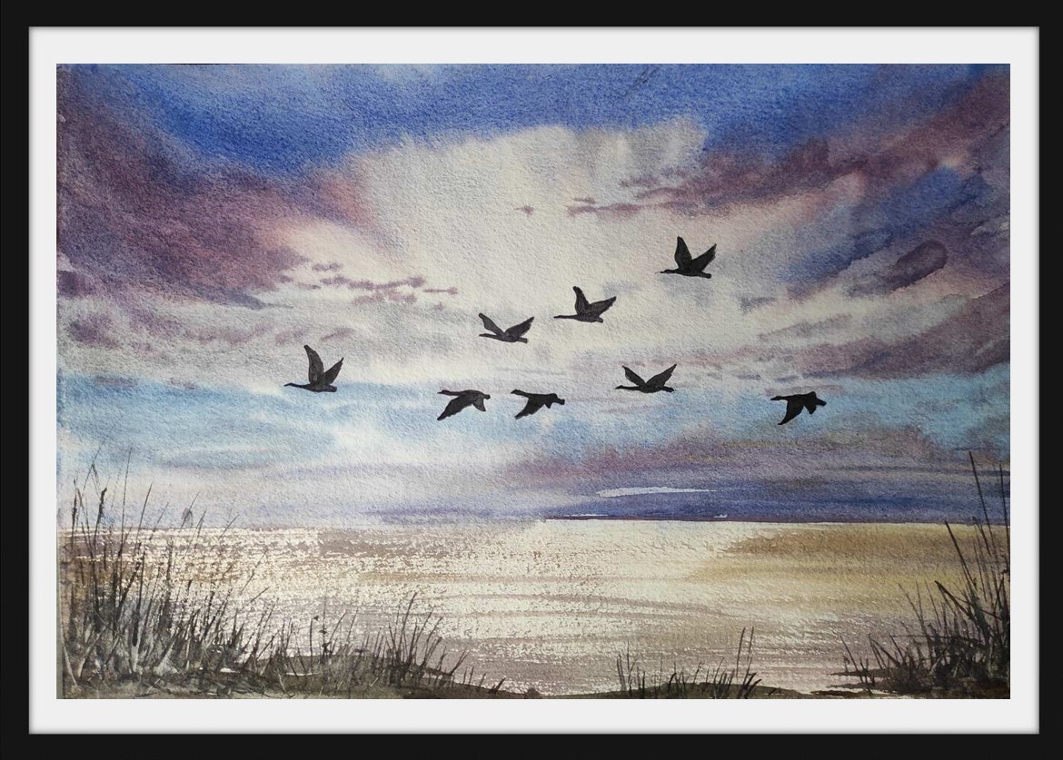 DUCKS FLYING Original Modern Artwork Painting Landscape GEESE FLYING Art Gift A4
